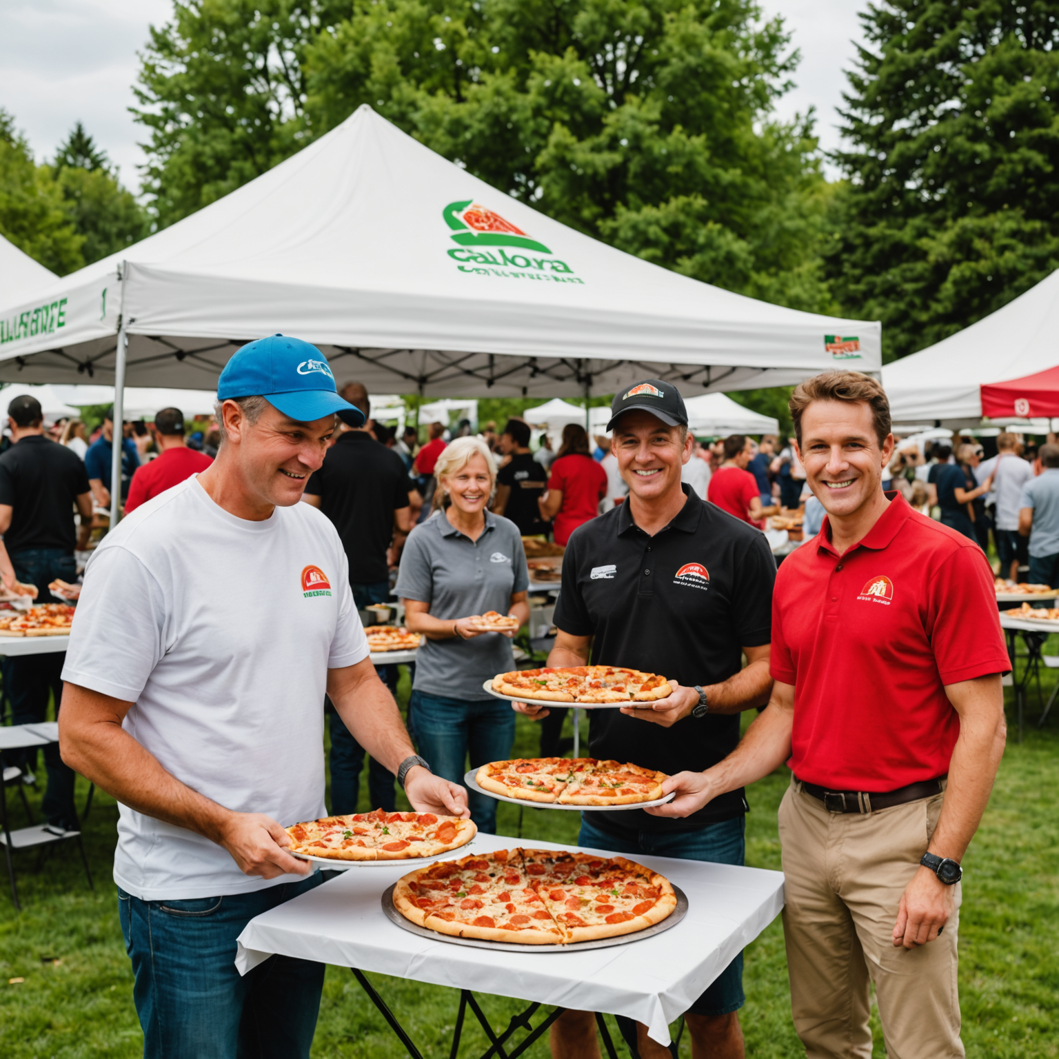 Salvatore team members participating in a local community event, distributing pizza samples to families, children and adults enjoying fresh pizza slices, festive outdoor setting with Salvatore branded tent
