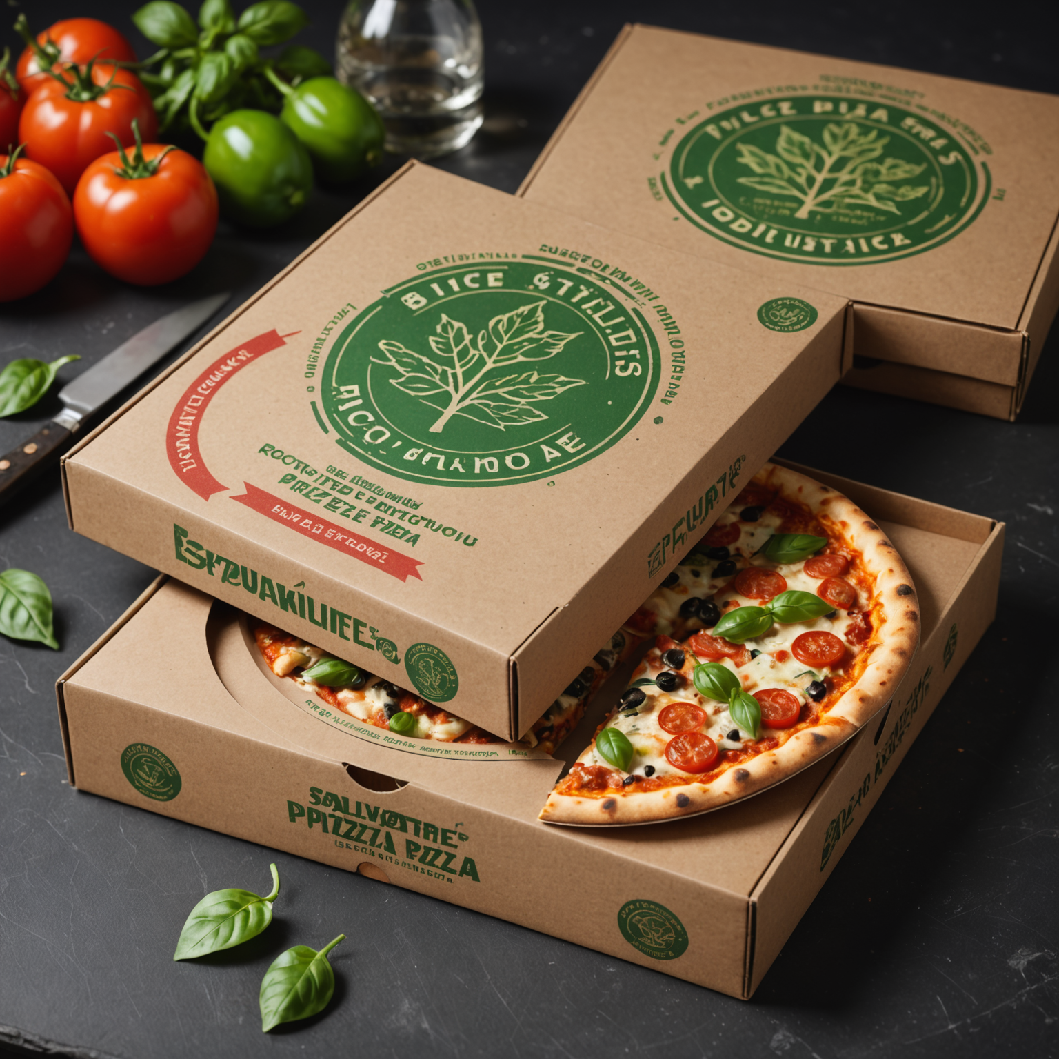 Salvatore's eco-friendly pizza boxes made from recycled materials, showing sustainable packaging design with company branding and recycling symbols
