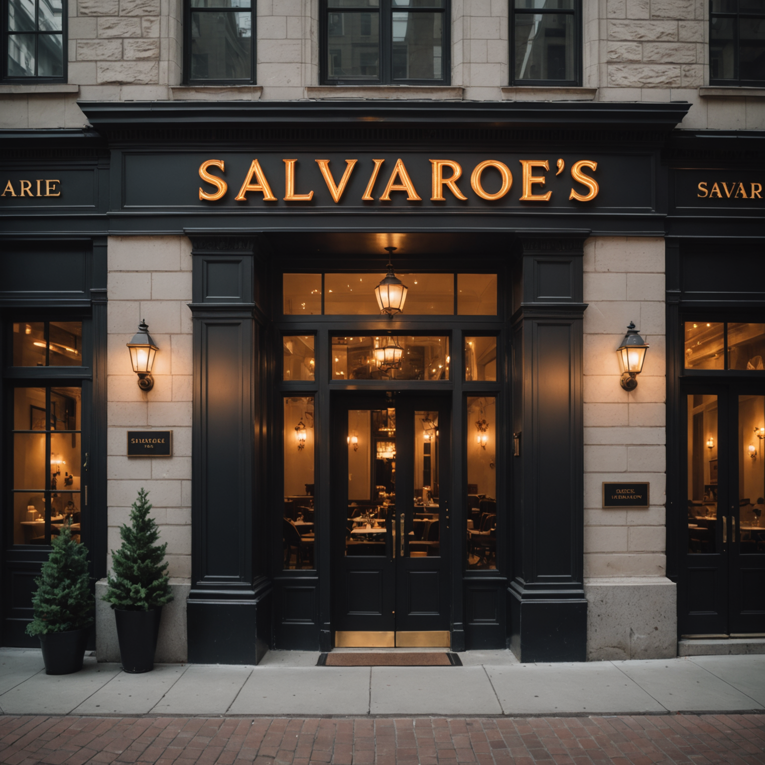Salvatore's Montreal location housed in a beautifully restored historic building with classic architecture, featuring the restaurant's signage integrated into the traditional facade with warm lighting illuminating the entrance