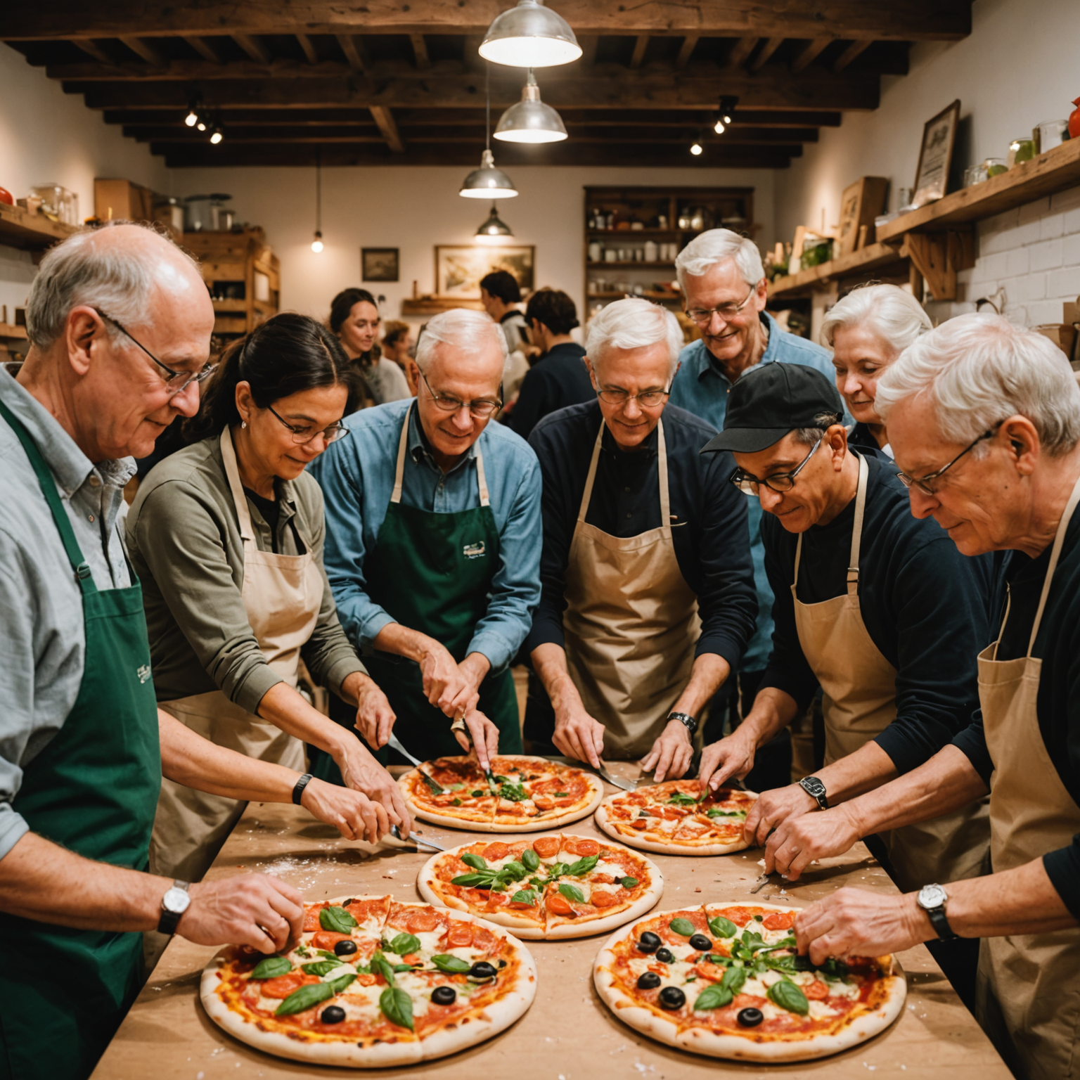 Diverse group of workshop participants including young adults, middle-aged couples, and seniors all working together at their pizza-making stations, showing the inclusive and welcoming nature of Salvatore's workshops