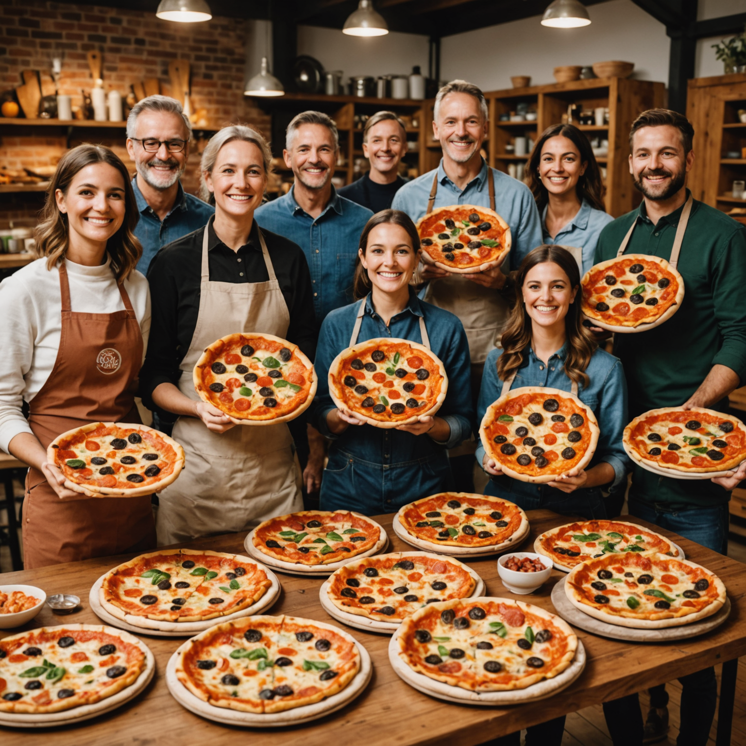 Array of beautifully finished pizzas on a wooden table with proud workshop participants standing behind their creations, holding their pizzas and smiling at the camera in celebration of their accomplishments