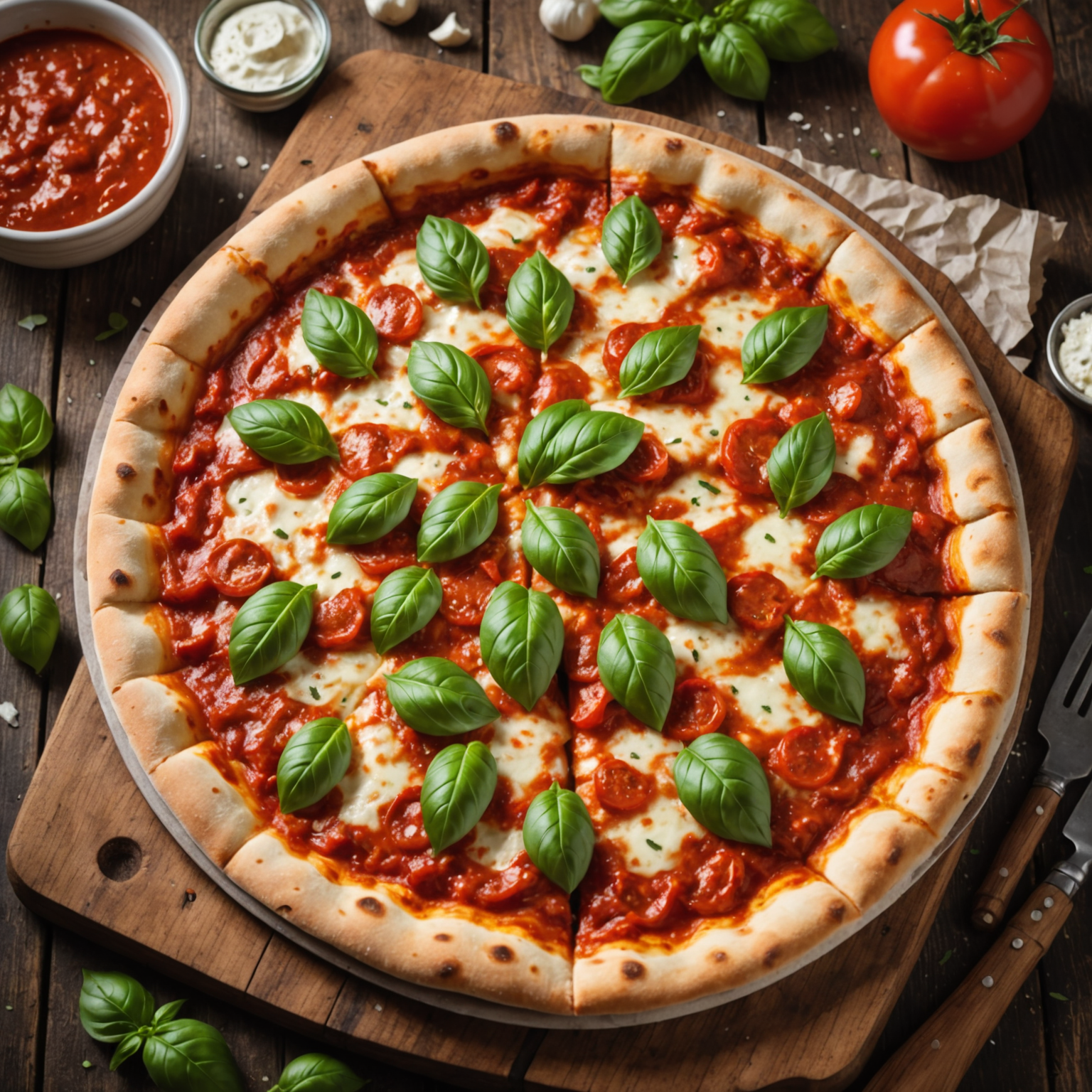 Freshly baked authentic Italian pizza with melted mozzarella cheese, fresh basil leaves, and rich tomato sauce on a wooden serving board in a rustic Toronto pizzeria kitchen