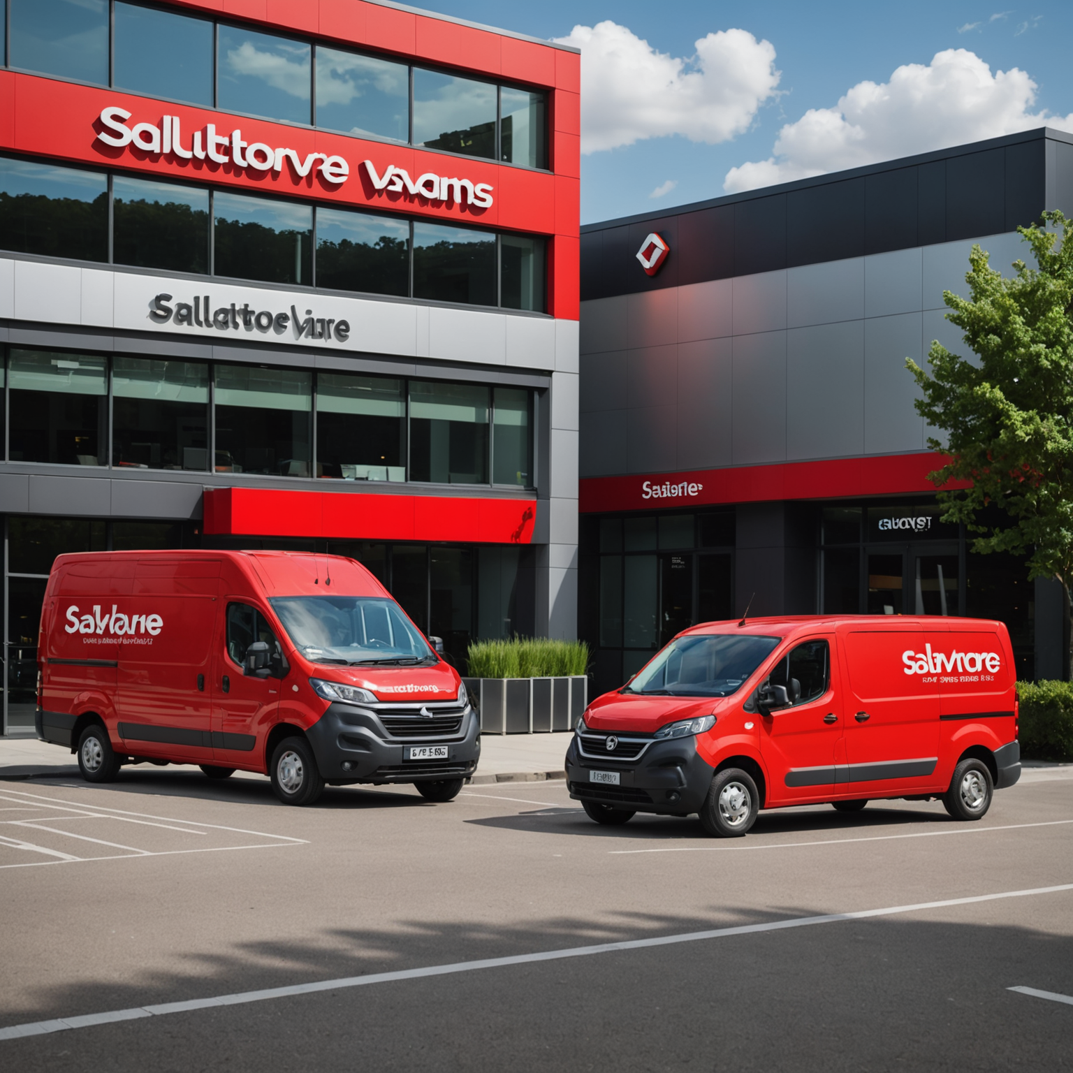 Modern eco-friendly delivery vehicles with Salvatore branding parked in front of a new kitchen facility, featuring electric vans in vibrant red with the Salvatore logo, against a backdrop of a contemporary commercial building