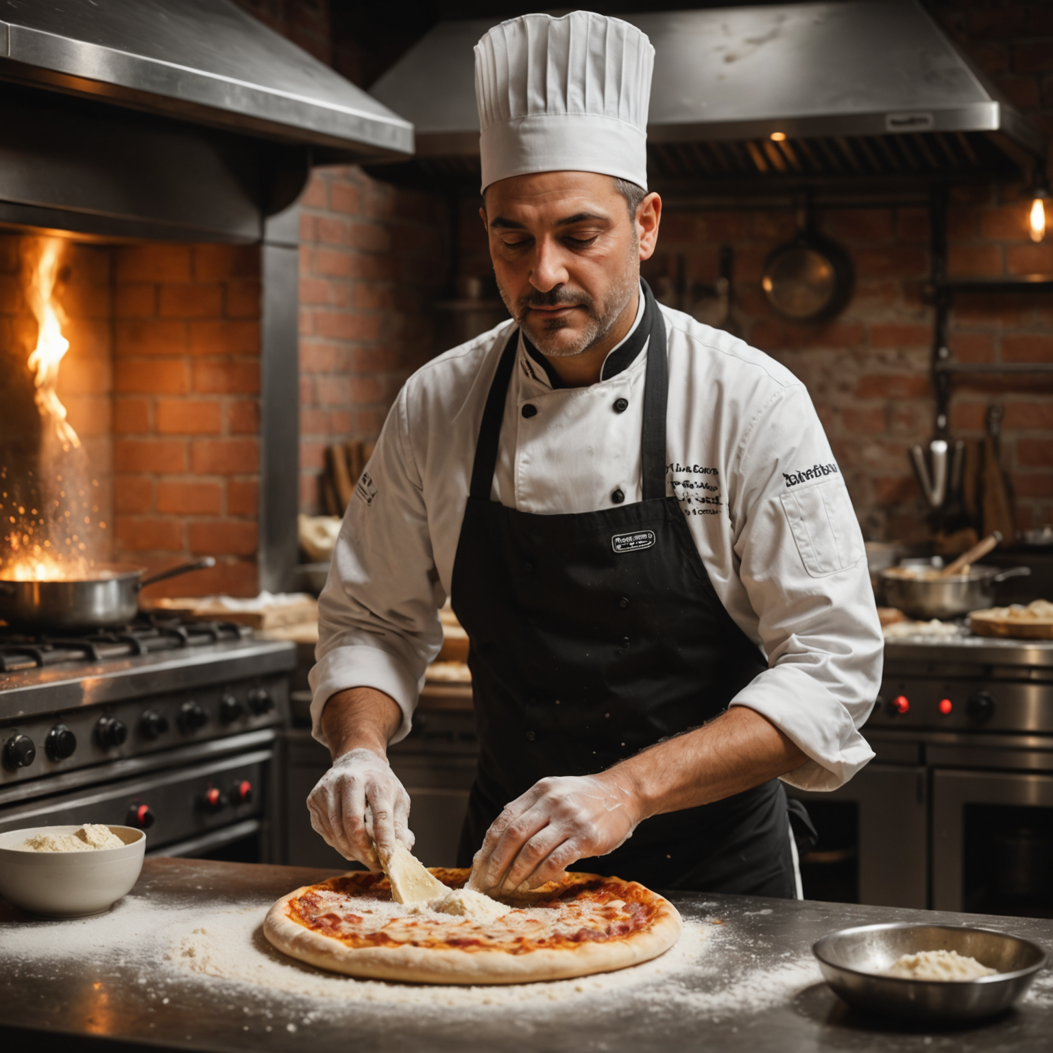 Chef Marco Benedetti expertly kneading fresh pizza dough in Salvatore's professional kitchen with flour particles in the air and warm ambient lighting