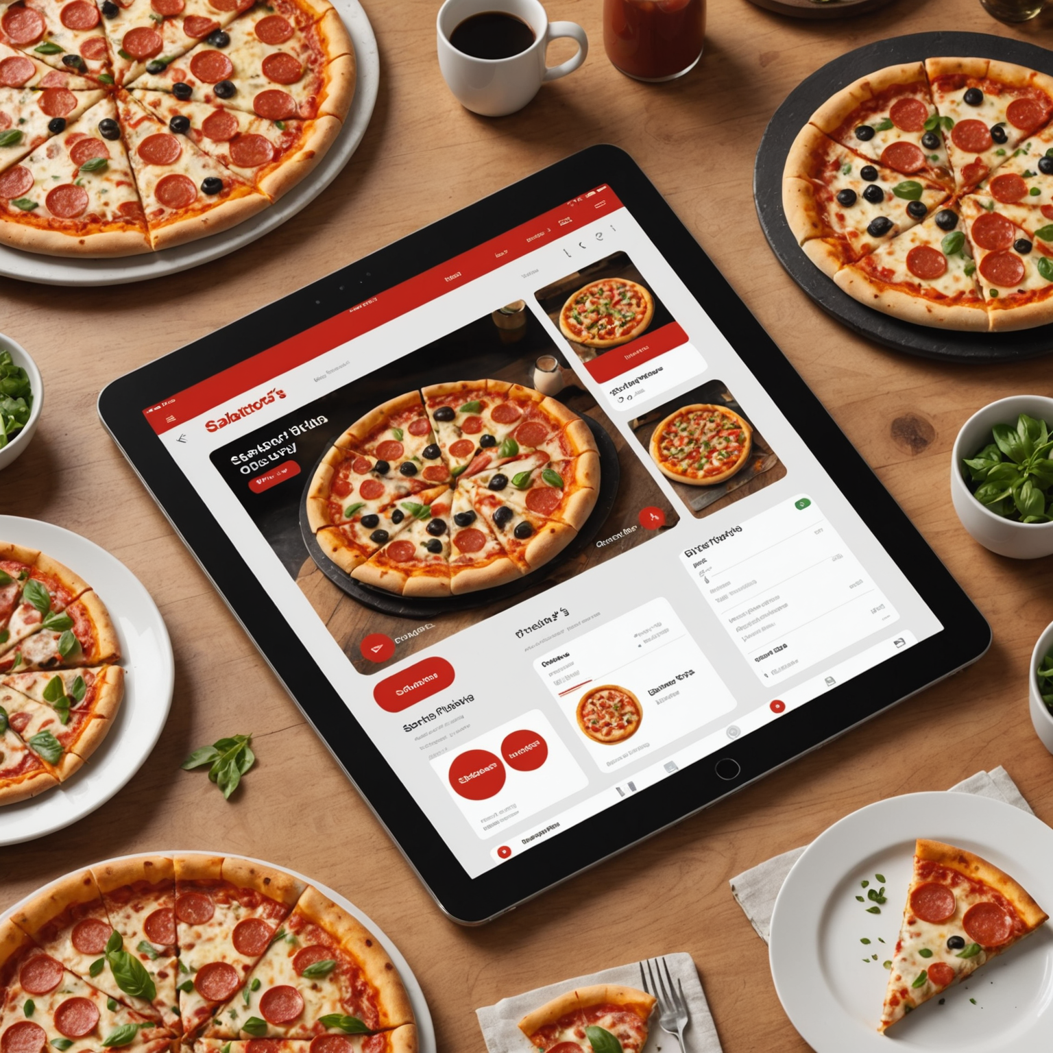 Modern digital interface showing Salvatore's online pizza ordering system with menu items, customization options, and real-time delivery tracking on a smartphone and tablet display