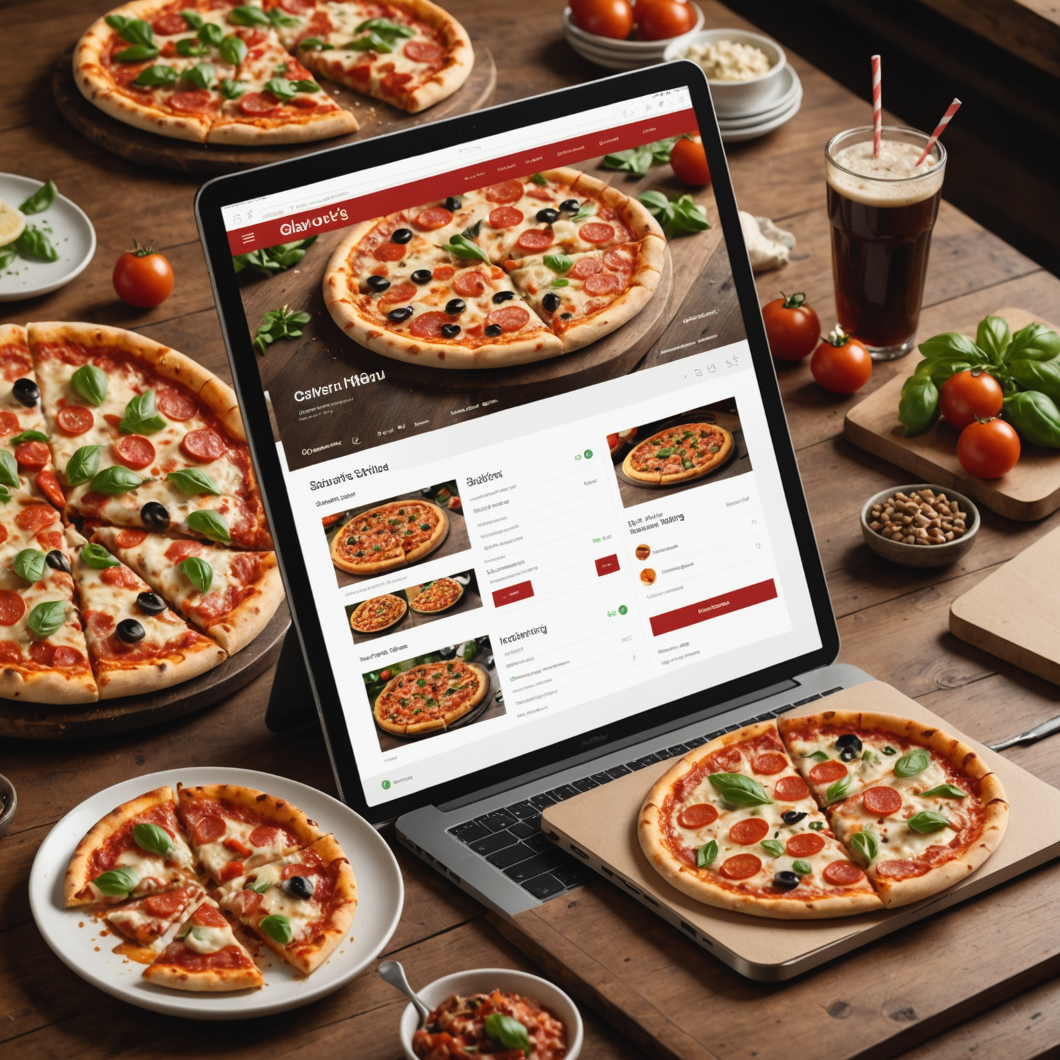 Salvatore's online ordering interface showing pizza menu with customization options, shopping cart, and delivery tracking features on desktop and mobile devices