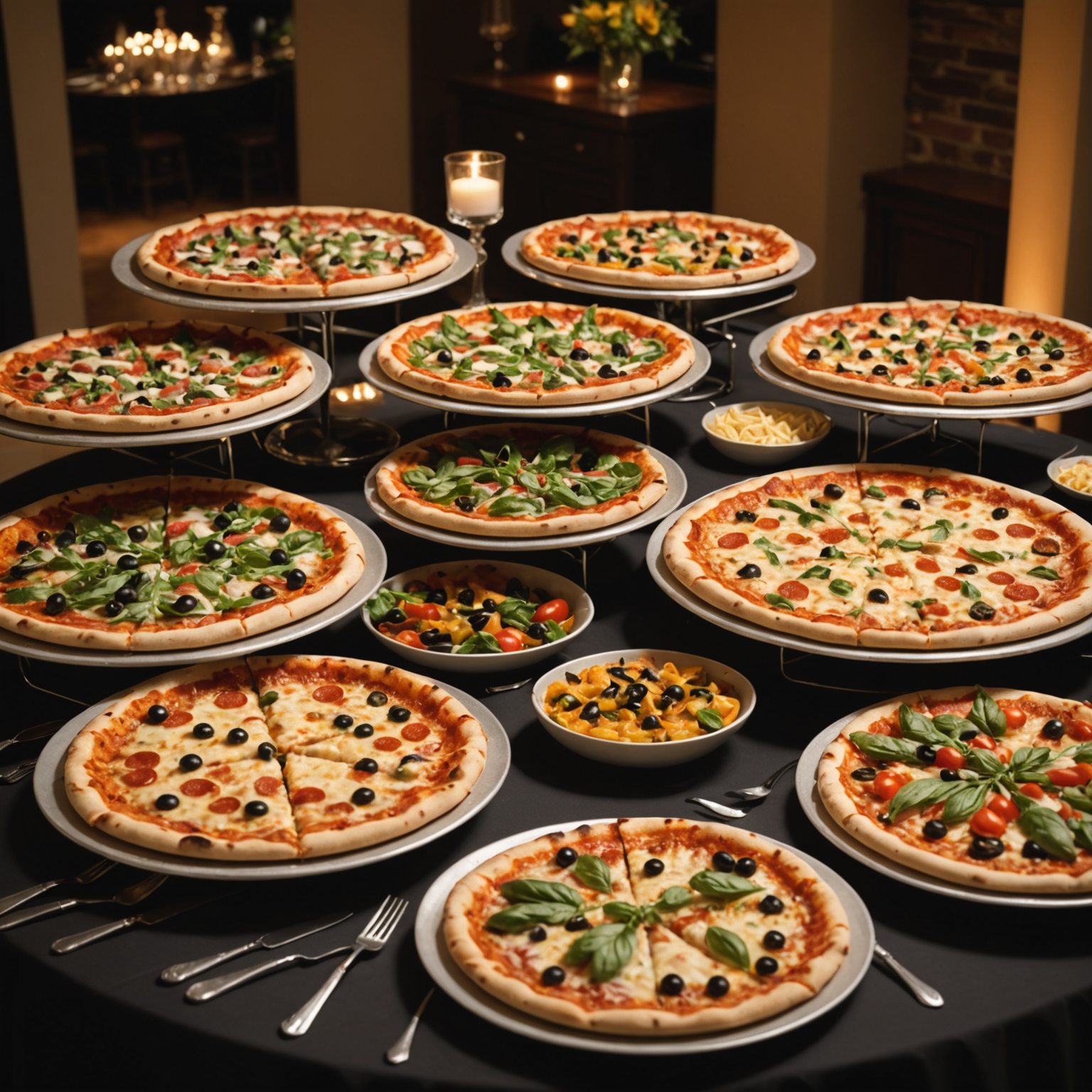 Professional pizza catering setup with multiple pizzas displayed on elegant serving platters at an upscale event, featuring various toppings and garnishes, warm lighting creating an inviting atmosphere