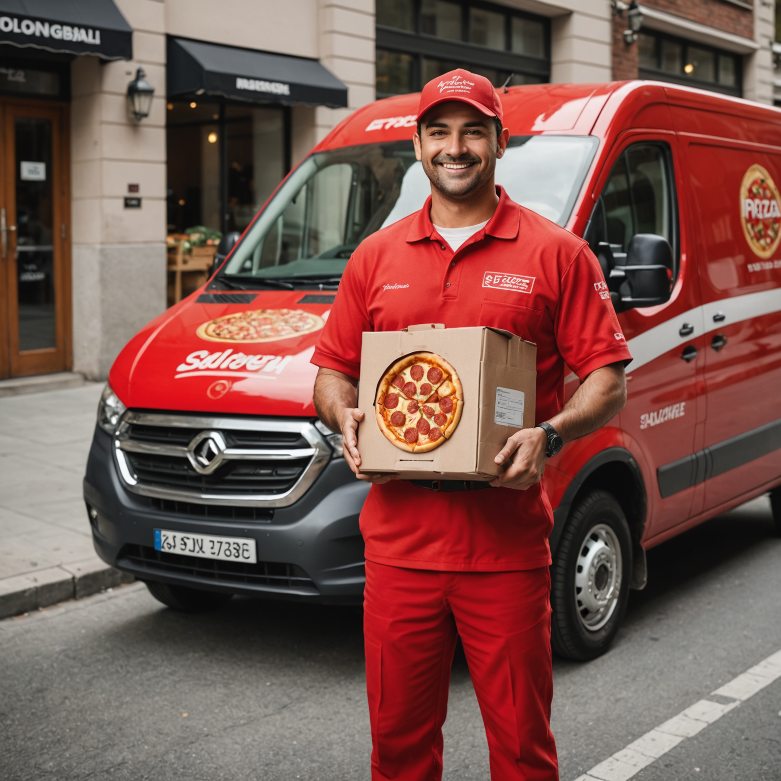 Professional Salvatore delivery driver in red uniform holding insulated pizza delivery bag next to branded delivery vehicle, smiling and ready to deliver hot fresh pizza to customer's door
