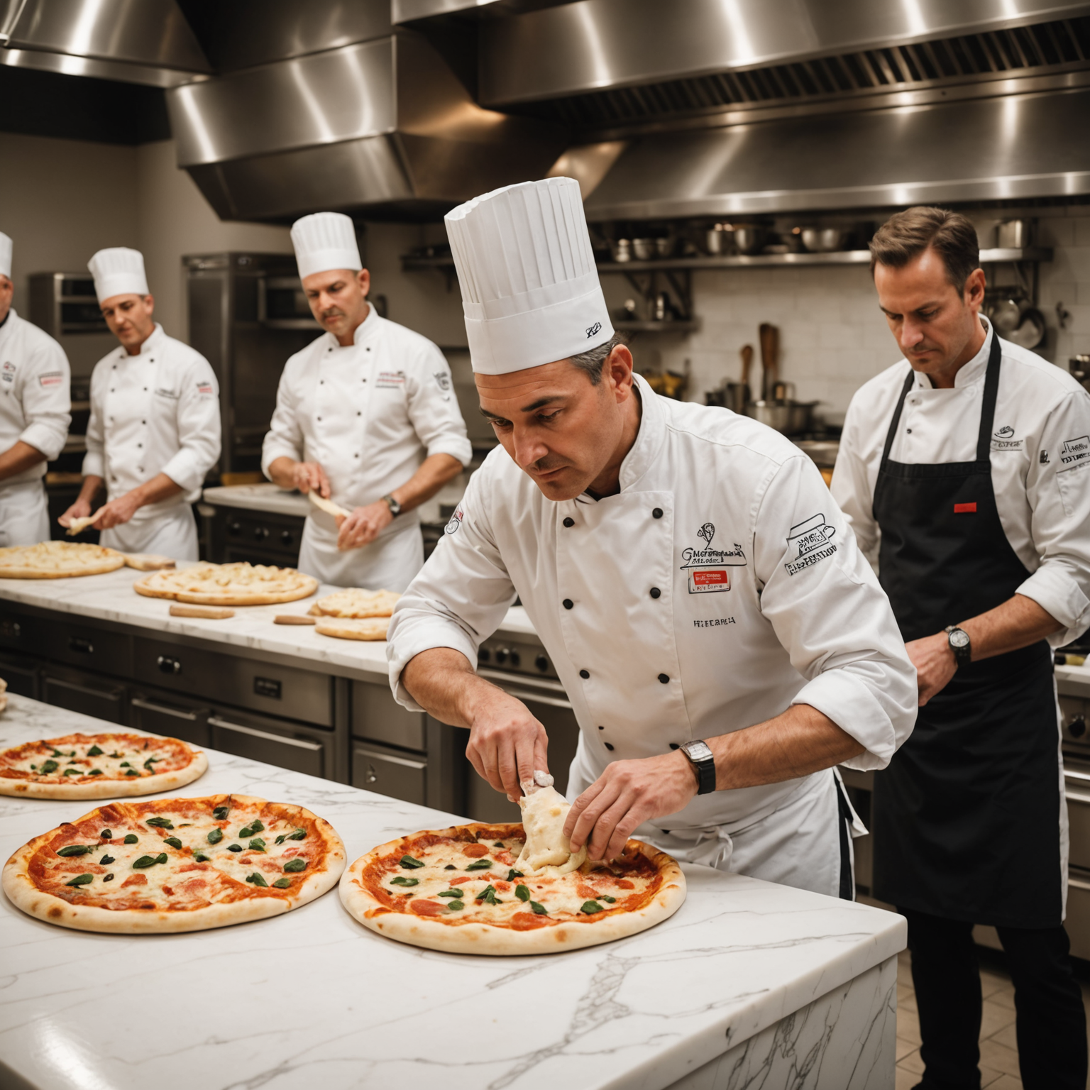 Salvatore master chef demonstrating pizza dough stretching technique to enthusiastic workshop participants in a professional kitchen setting with marble countertops and traditional Italian decor