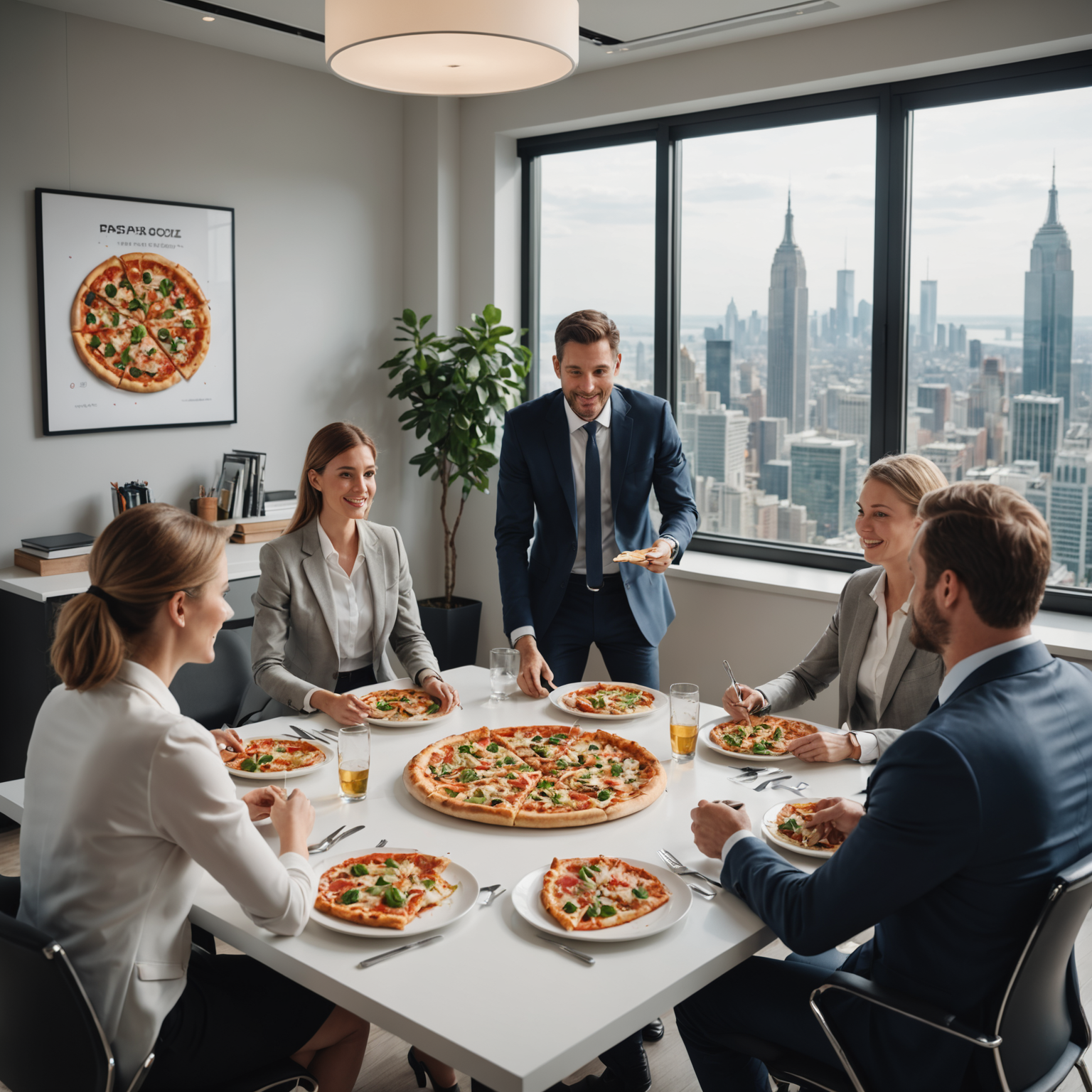 Professional business team gathered around conference table enjoying fresh Salvatore pizza delivery during corporate lunch meeting in bright modern office with city views