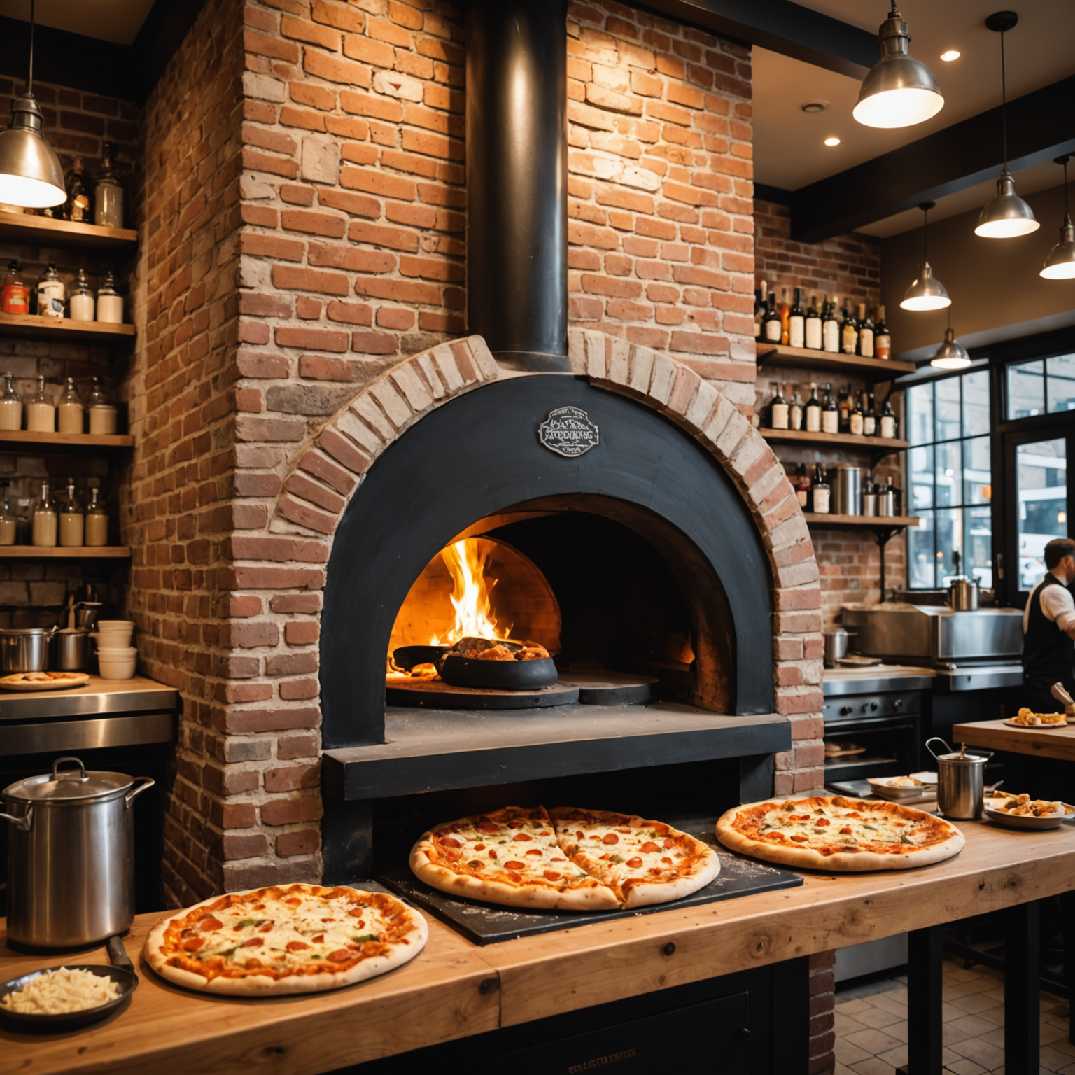 Salvatore's Pizza Express restaurant interior showing traditional wood-fired pizza oven with flames, rustic Italian decor, and chefs preparing fresh pizza dough in Toronto