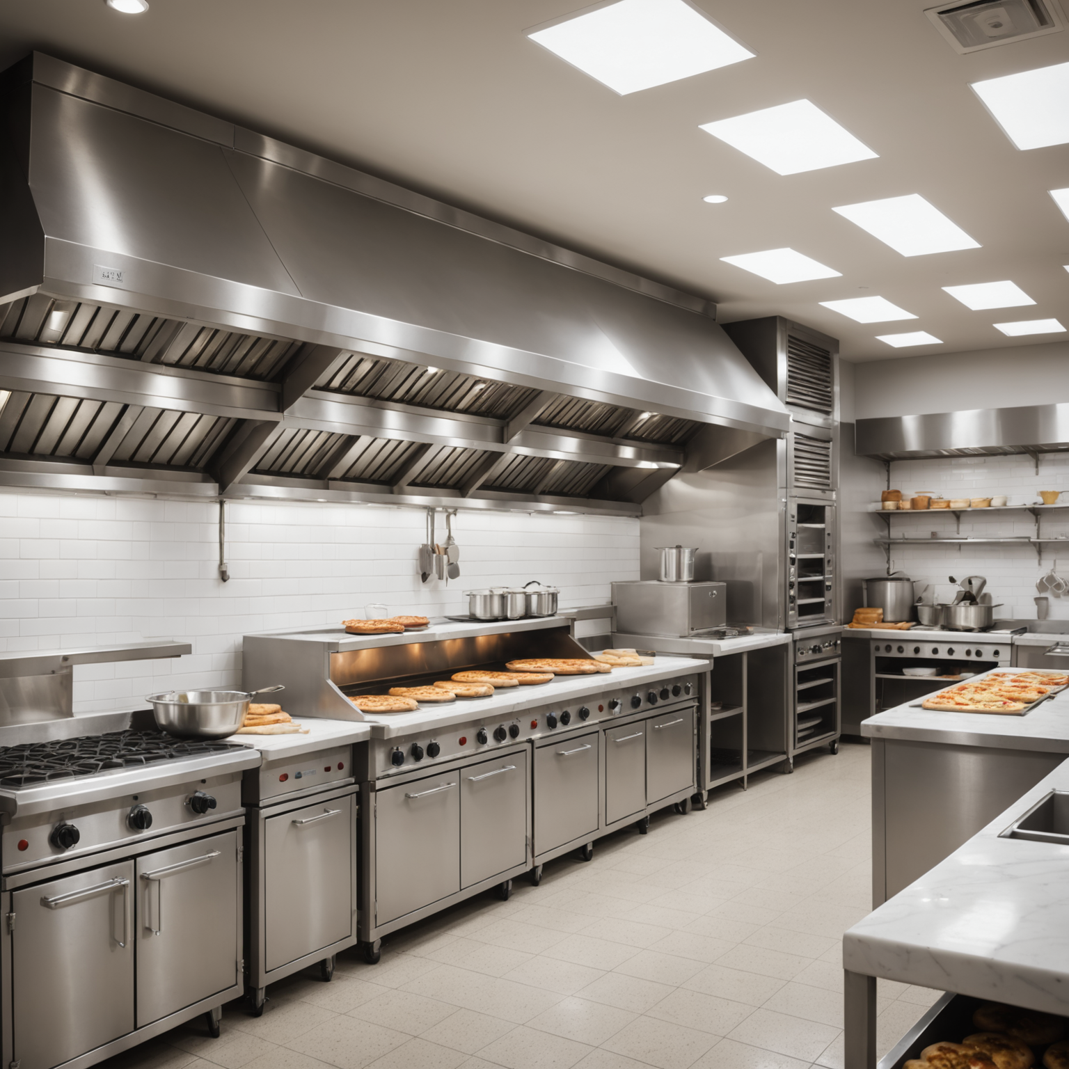 Spacious commercial kitchen interior with stainless steel pizza ovens, marble countertops for dough preparation, and professional-grade equipment, bright lighting illuminating the clean workspace
