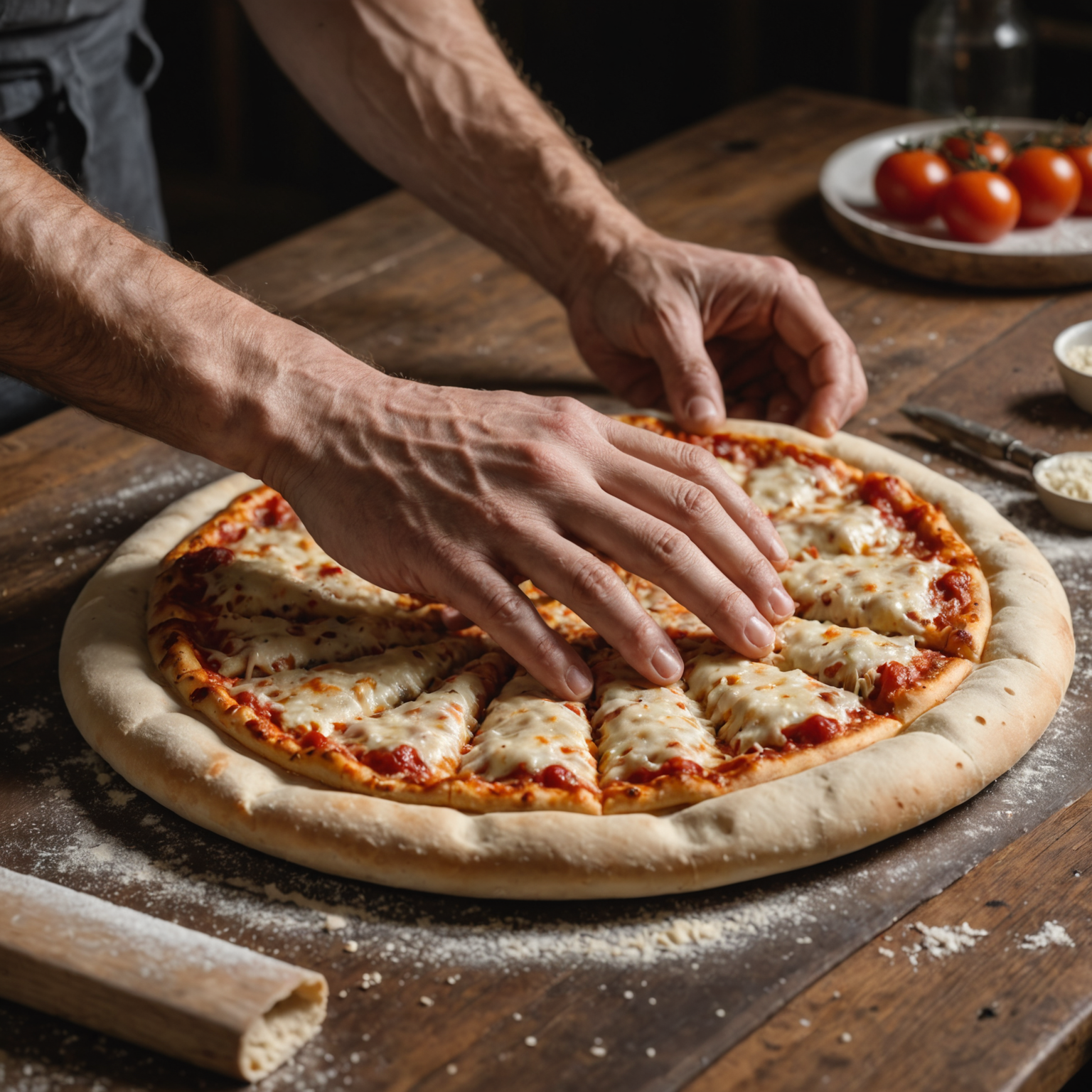 Detailed close-up photograph of skilled hands stretching pizza dough, demonstrating perfect texture and elasticity on a rustic wooden work surface with natural lighting