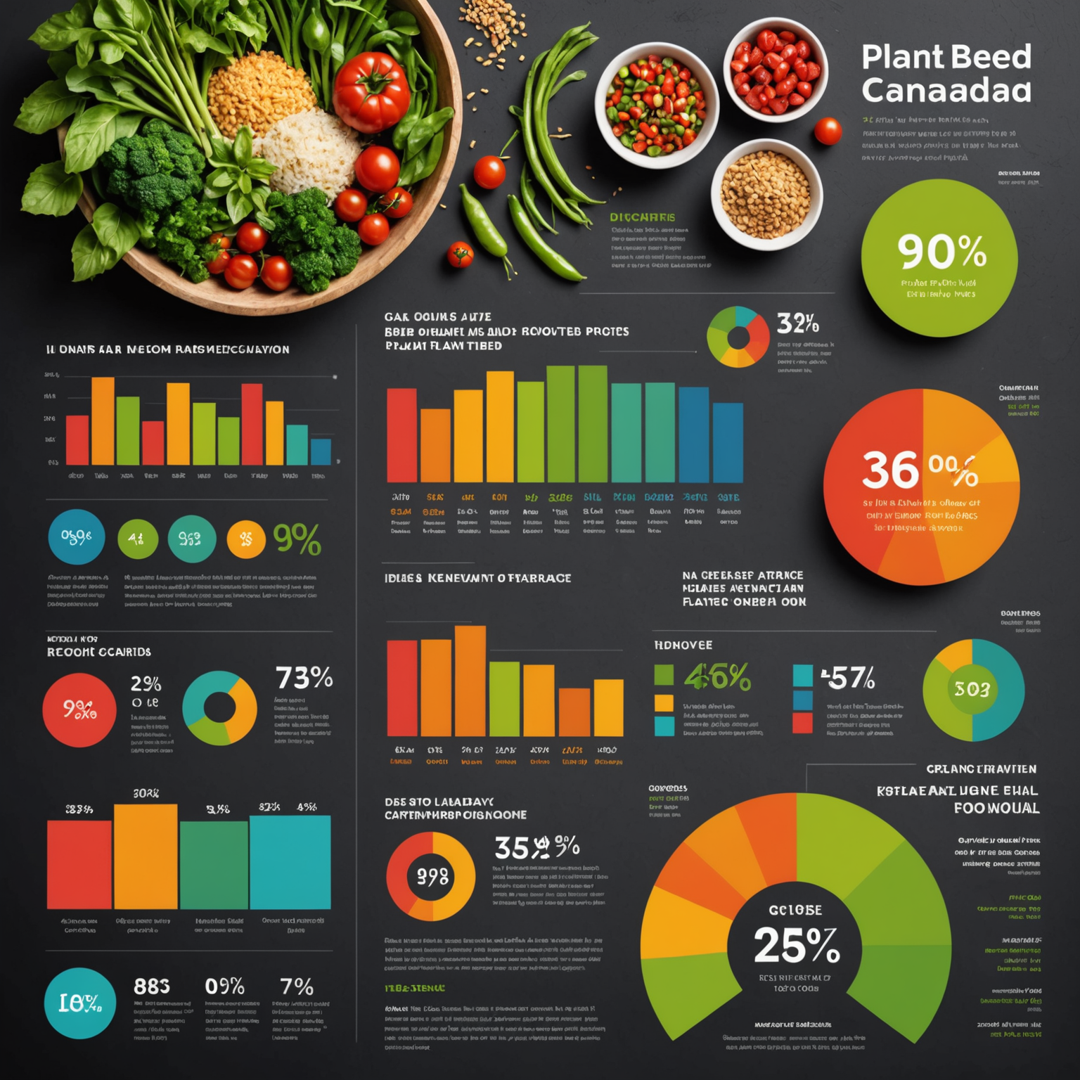 Infographic showing statistics and charts about the growing demand for plant-based food options in Canada, featuring colorful graphs and percentage increases