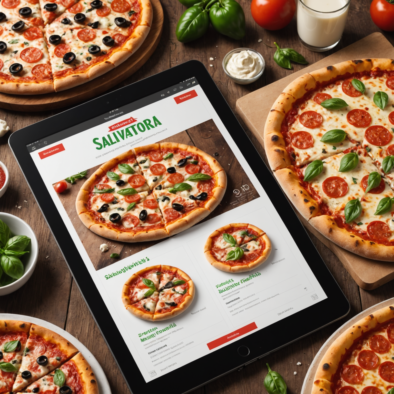 Colorful display of Salvatore's pizza menu on tablet showing various authentic Italian pizzas including Margherita, Quattro Formaggi, and Diavola with detailed descriptions and prices