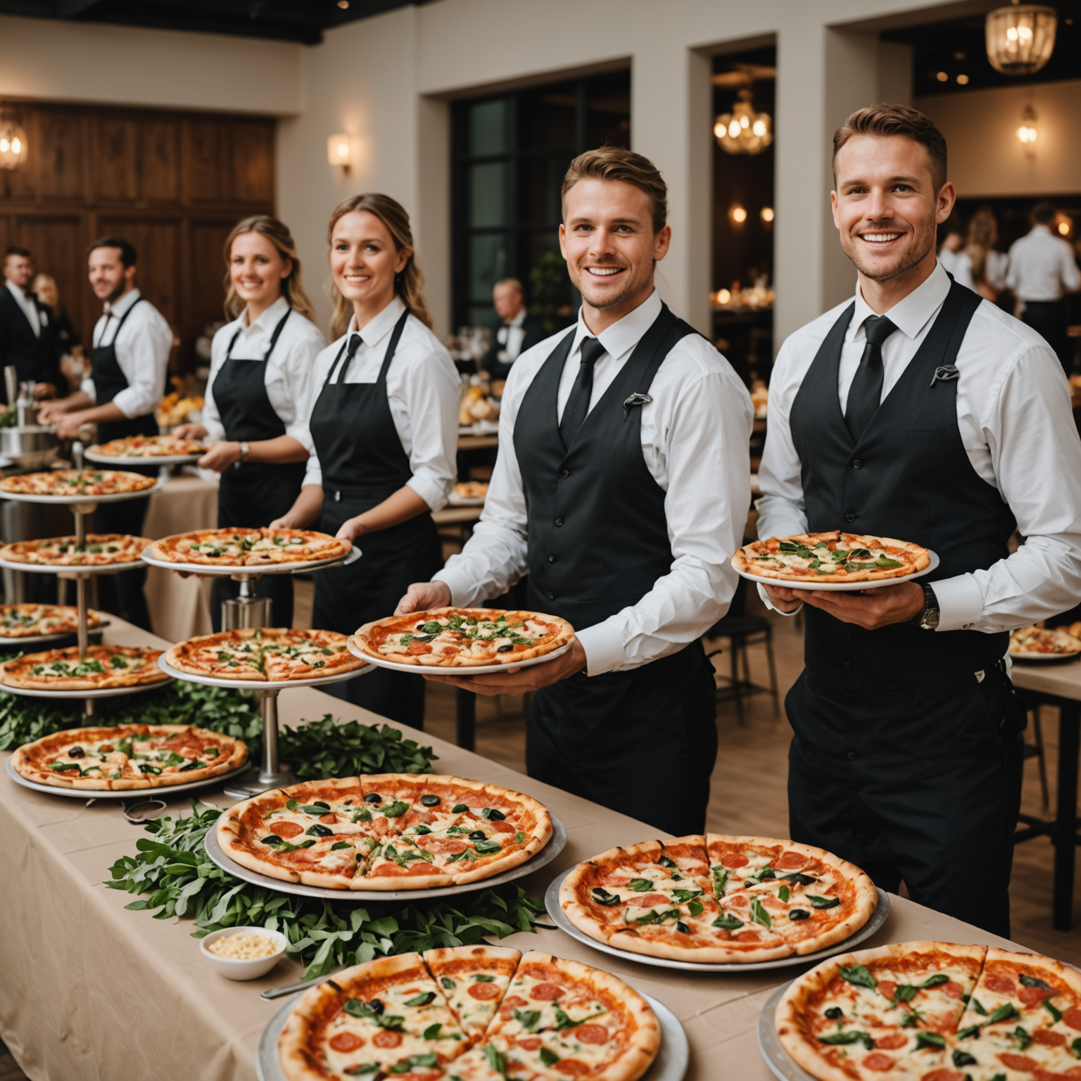 Professional catering setup at corporate event with multiple pizza stations, elegant serving displays, and professional staff in uniforms serving guests in business attire