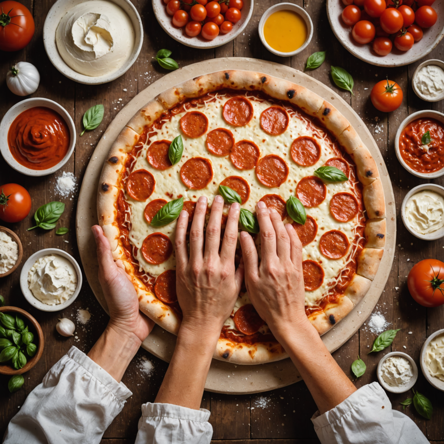 Close-up of hands expertly stretching fresh pizza dough on a flour-dusted wooden surface with bowls of fresh ingredients, mozzarella cheese, and tomato sauce visible in the background
