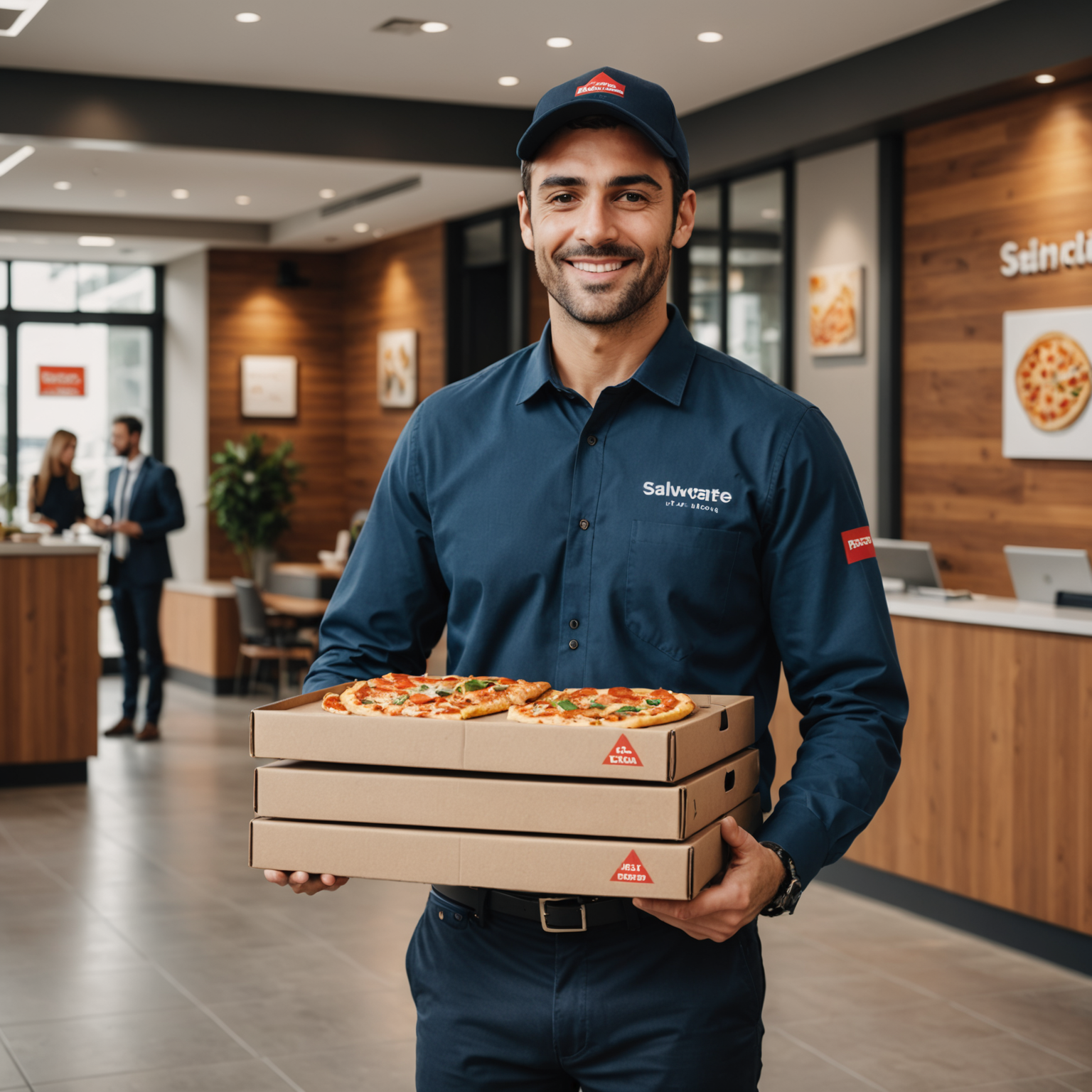 Friendly Salvatore delivery professional in branded uniform carrying stack of fresh hot pizza boxes through modern office lobby reception area with contactless delivery setup