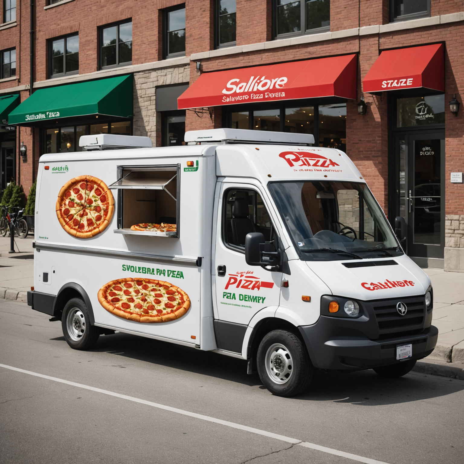 Salvatore pizza delivery expansion showing new eco-friendly delivery vehicles and modern kitchen facilities in Calgary, Ottawa, and Halifax with authentic Italian-style pizzas being prepared