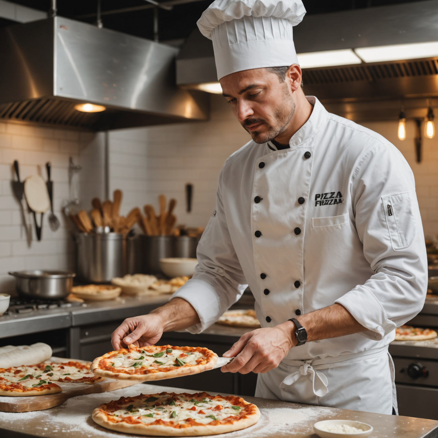 Professional pizza chef in white uniform tossing fresh pizza dough in the air at a modern preparation station, with fresh ingredients and traditional Italian pizza-making tools visible