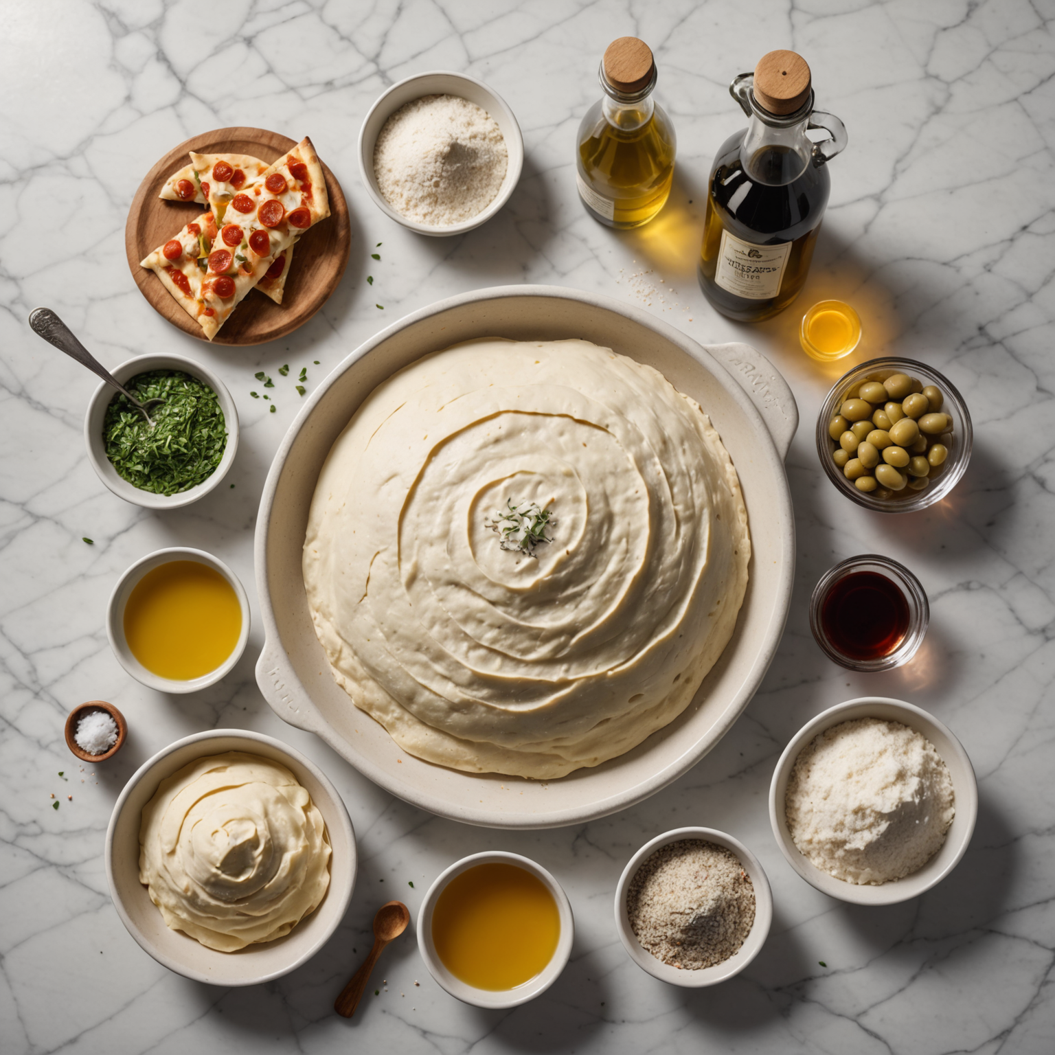 Artistic arrangement of premium pizza dough ingredients including Canadian flour, filtered water, sea salt, fresh yeast, and olive oil displayed on a marble counter with soft lighting