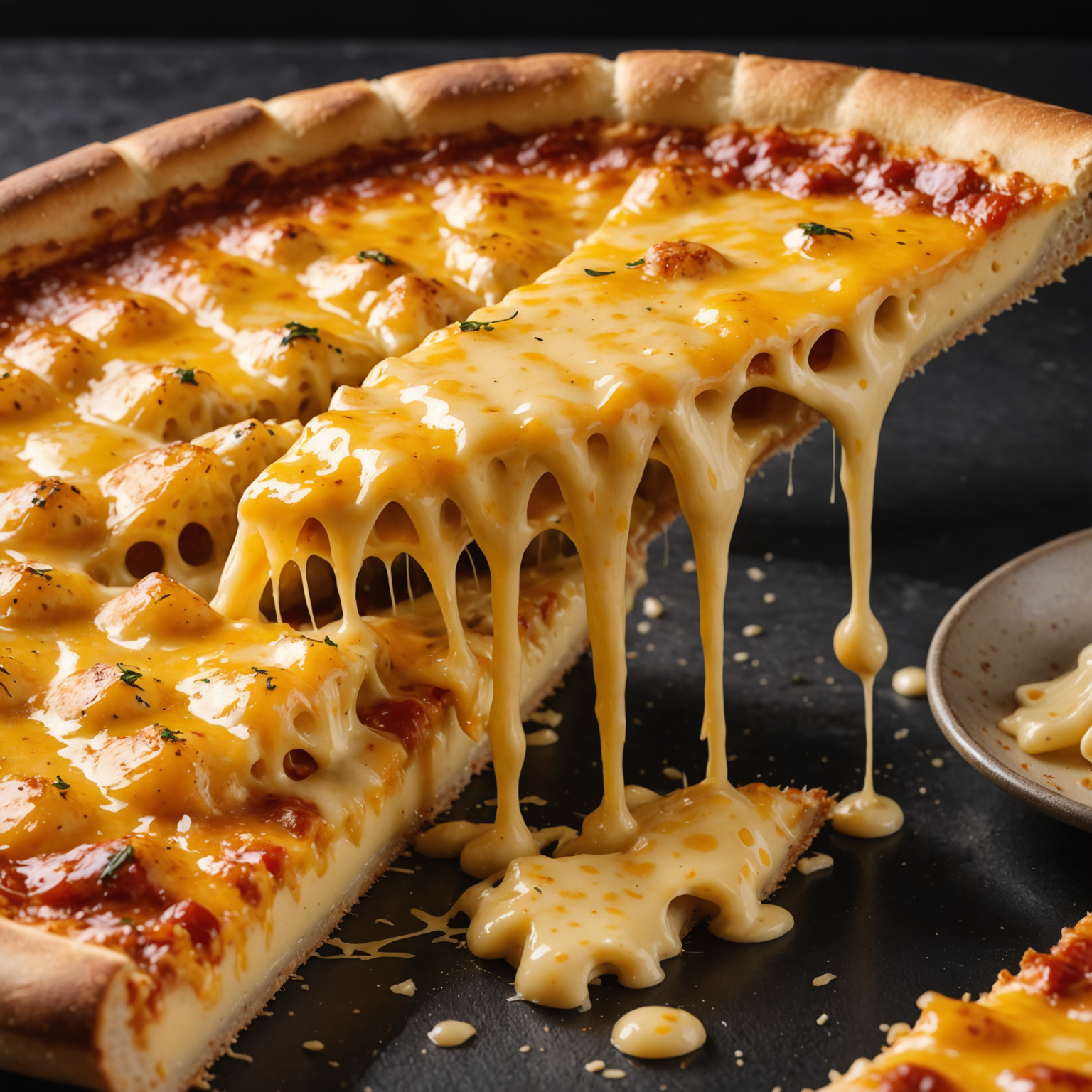 Close-up shot of melted dairy-free cheese stretching from a slice of pizza, showing golden-brown bubbling and authentic texture under warm lighting