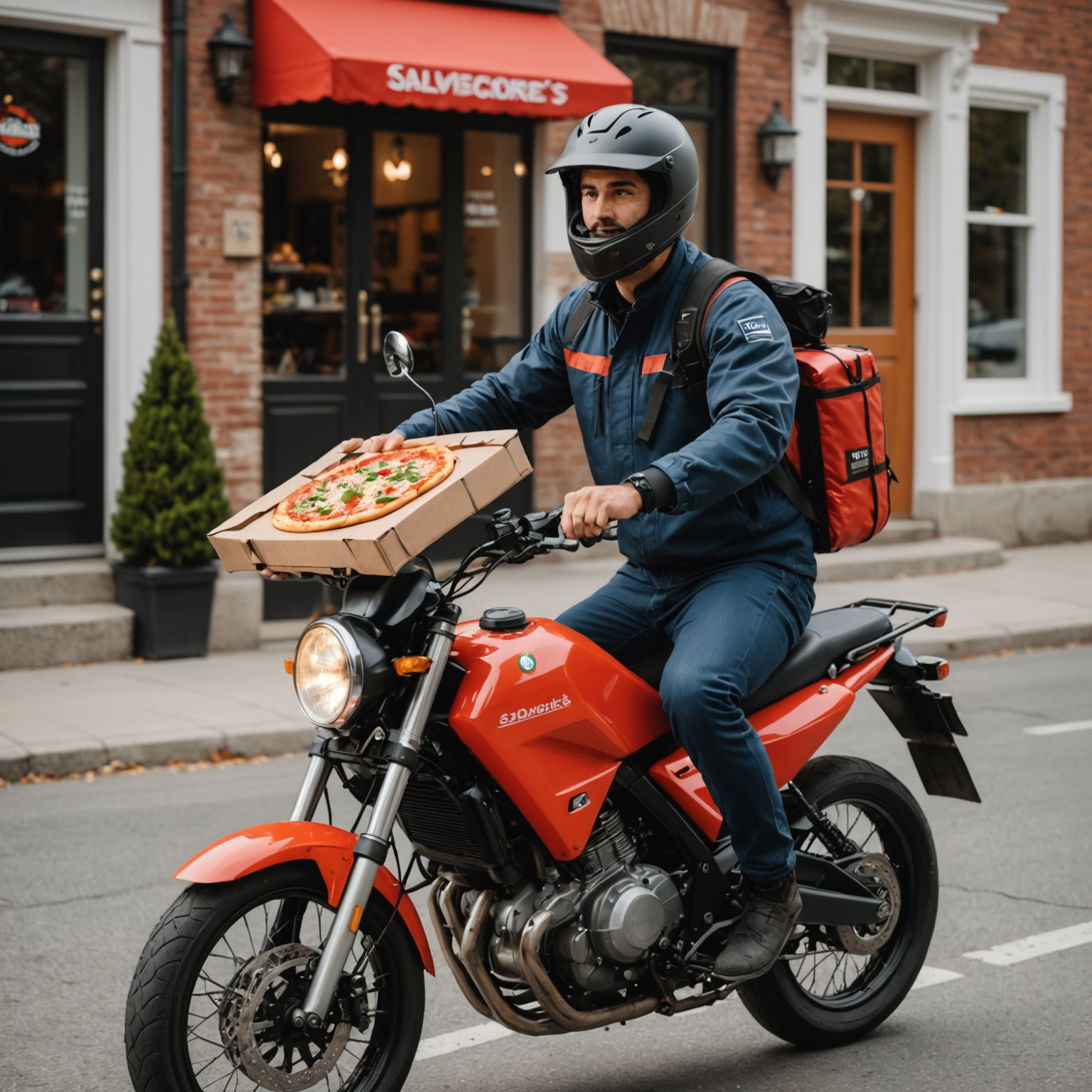 Salvatore's delivery driver on motorcycle with insulated pizza delivery bag, GPS tracking device visible, delivering hot fresh pizza to customer's doorstep in Canadian neighborhood