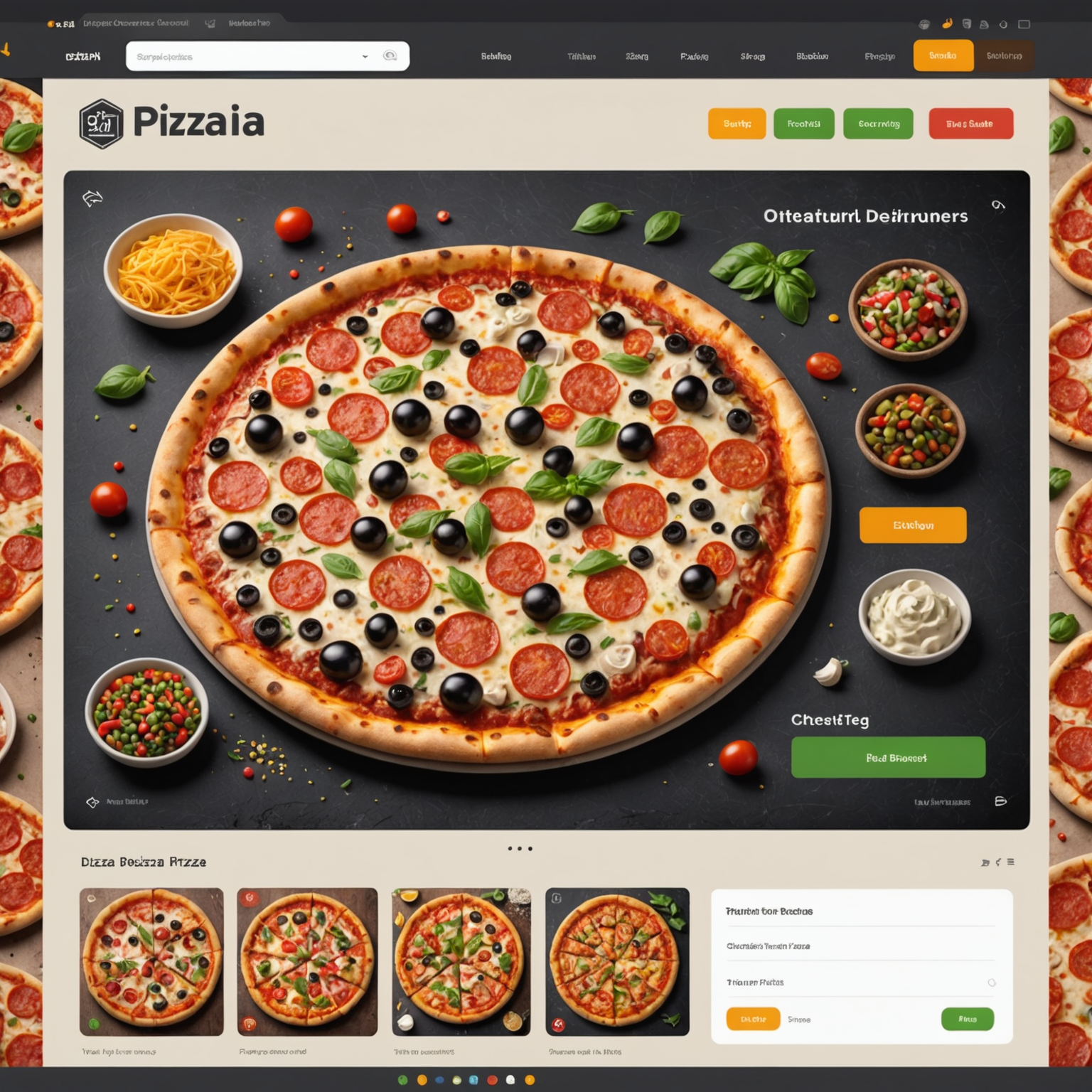 Interactive pizza builder interface showing a pizza being customized with various toppings, with ingredient selection panel on the side and real-time price updates