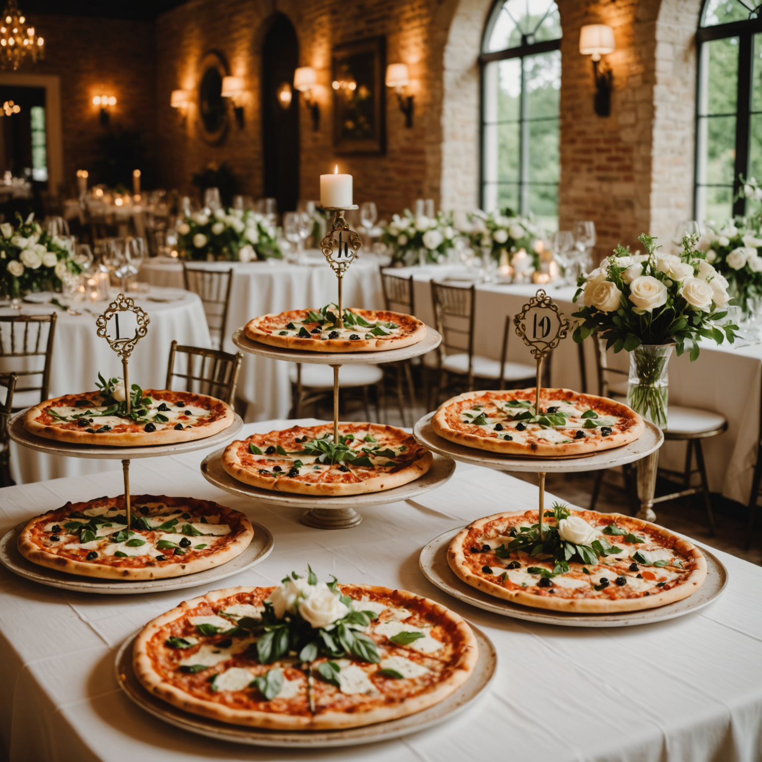 Elegant wedding reception with beautifully presented pizza buffet, decorative lighting, white linens, and gourmet pizzas displayed on tiered serving platters with floral arrangements