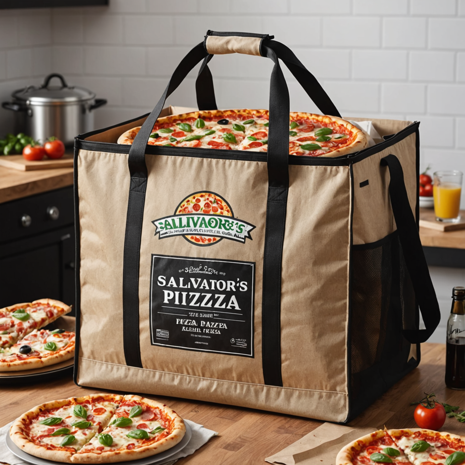 Close-up of Salvatore's professional insulated delivery bag with thermal lining, showing pizza box inside maintaining optimal temperature with steam rising from freshly delivered hot pizza