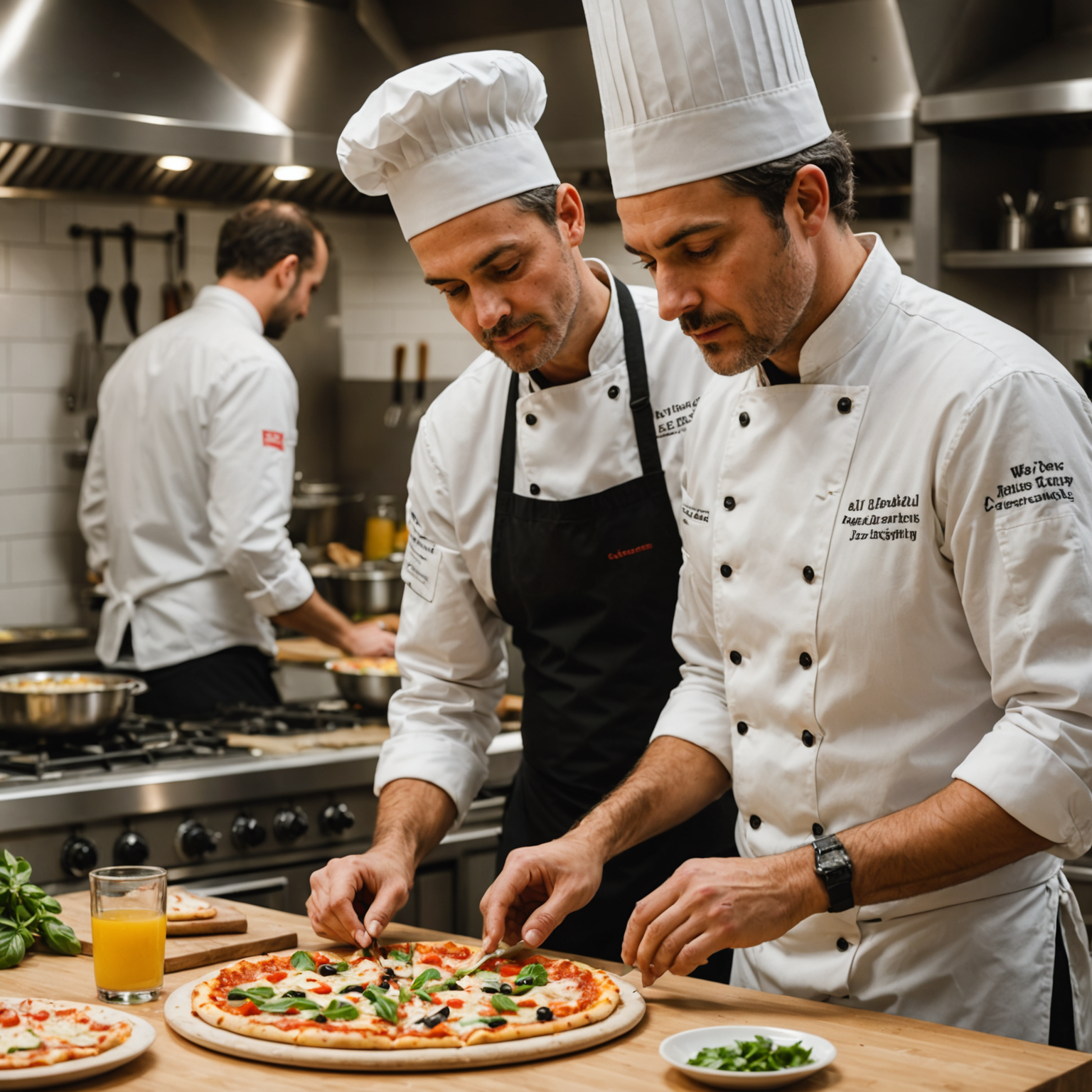 Individual workshop participant concentrating on assembling their personal pizza creation while a Salvatore chef provides one-on-one guidance and instruction in a bright, modern kitchen setting