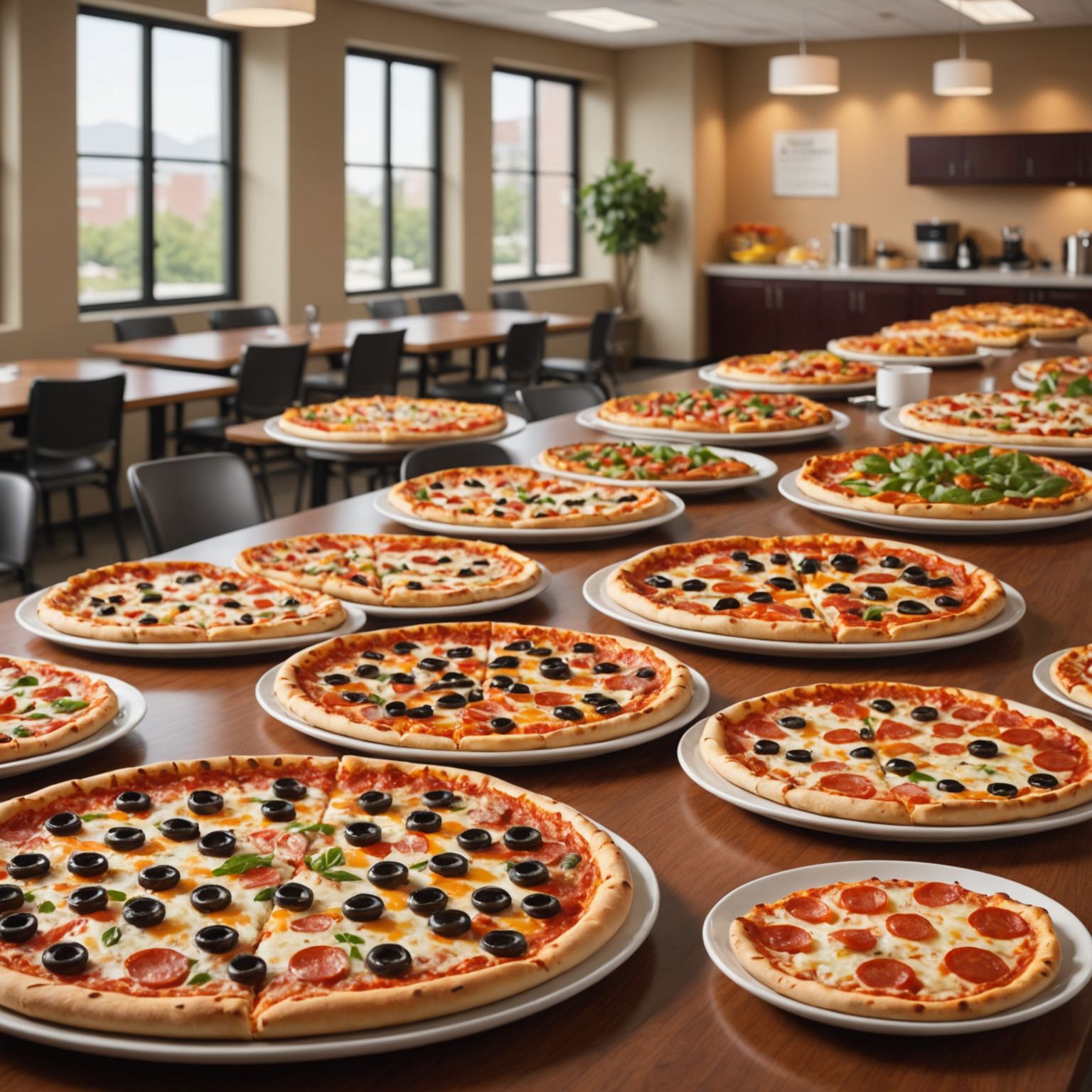 Diverse selection of freshly delivered Salvatore pizzas including pepperoni, vegetarian, and specialty options arranged on corporate lunch table with plates and napkins in bright office break room