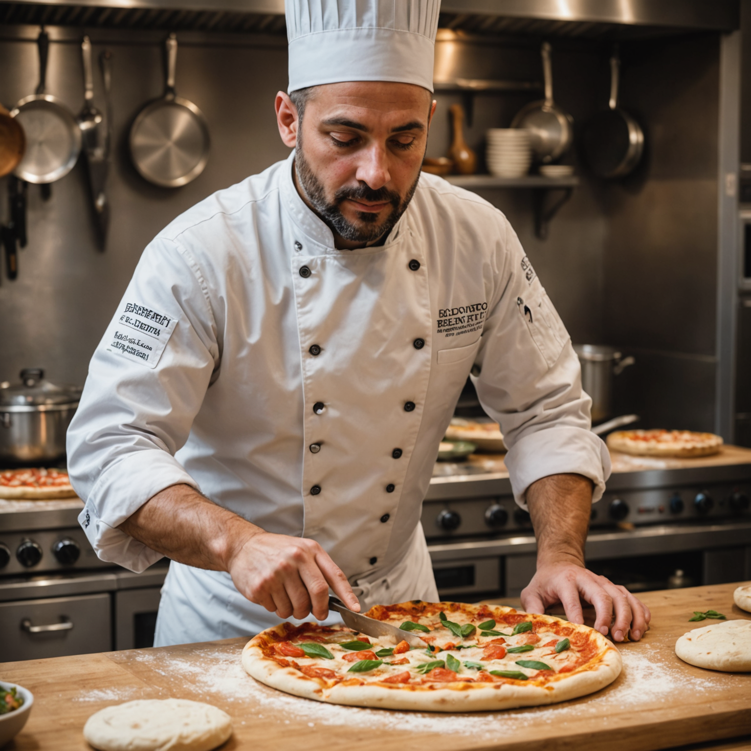 Head chef Marco Benedetti in Salvatore kitchen demonstrating traditional Italian pizza dough preparation techniques with locally-sourced Canadian ingredients, flour, and artisan tools