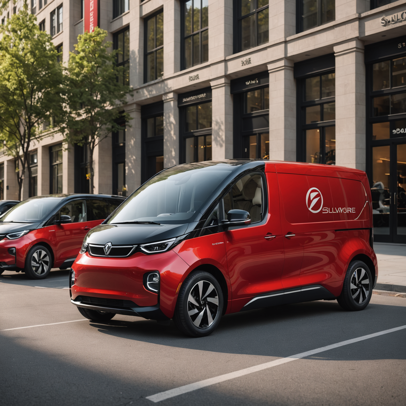 Row of sleek electric delivery vehicles in Salvatore's signature red color, featuring modern aerodynamic design, charging stations visible in background, with Salvatore logo prominently displayed on vehicle sides