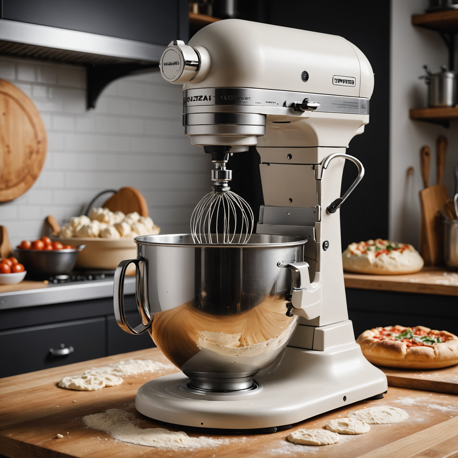 Professional stand mixer in action with pizza dough showing gluten development and perfect consistency, modern commercial kitchen equipment, dynamic motion capture