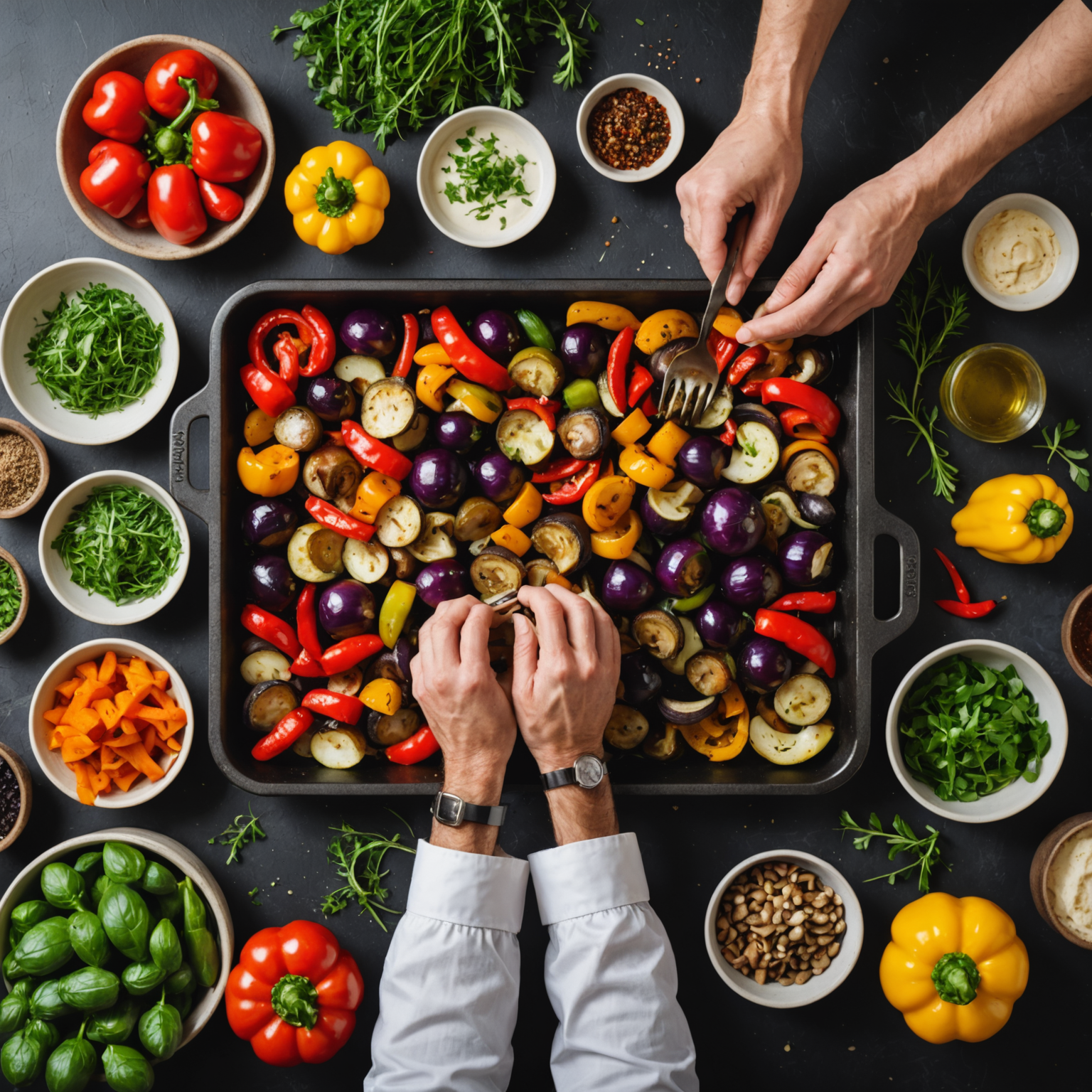 Chef's hands preparing colorful roasted vegetables including red peppers, zucchini, eggplant, and mushrooms on a professional kitchen counter with fresh herbs