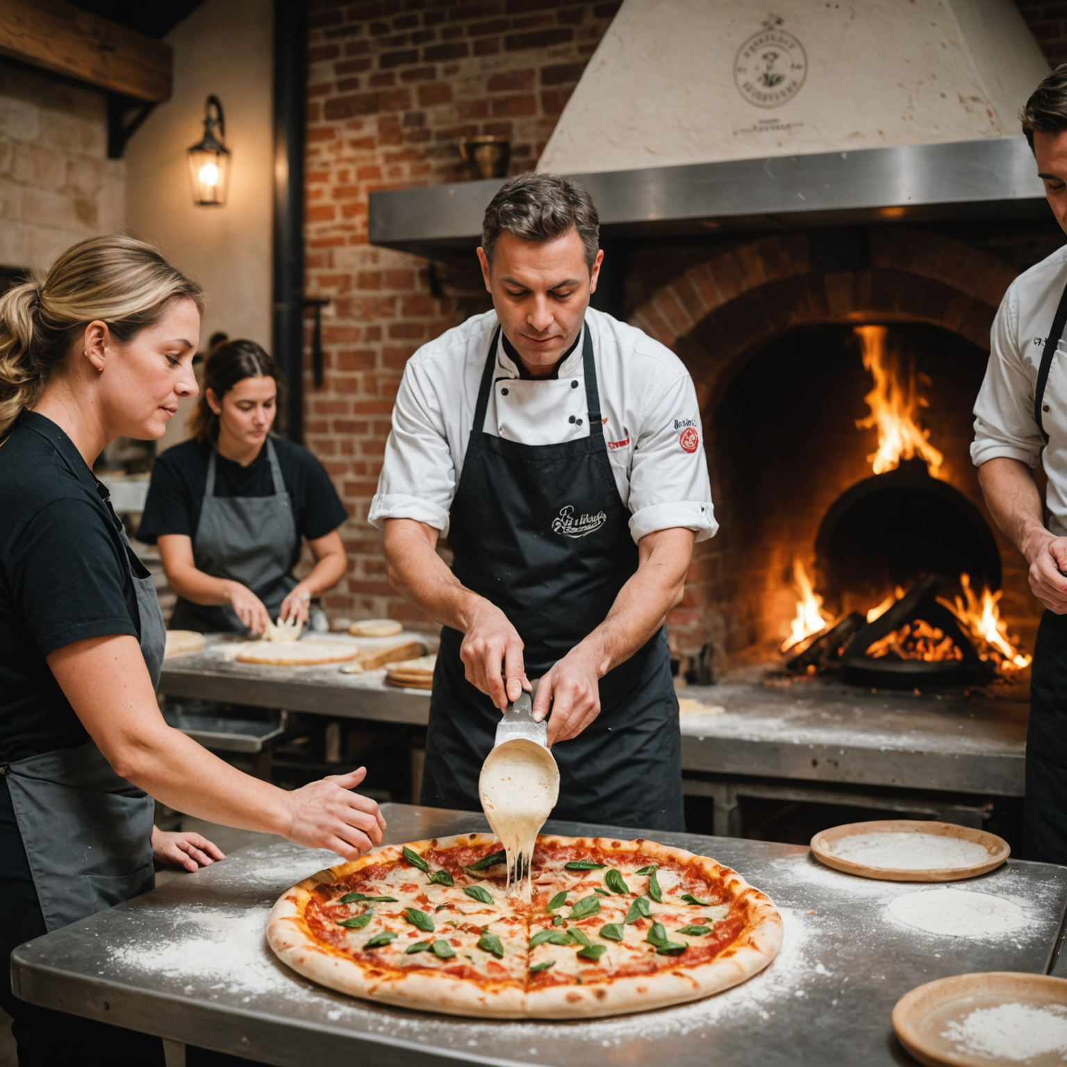 Hands-on pizza making workshop with Salvatore's master chef teaching students dough stretching techniques, wood-fired oven in background, flour-dusted work surfaces with fresh ingredients