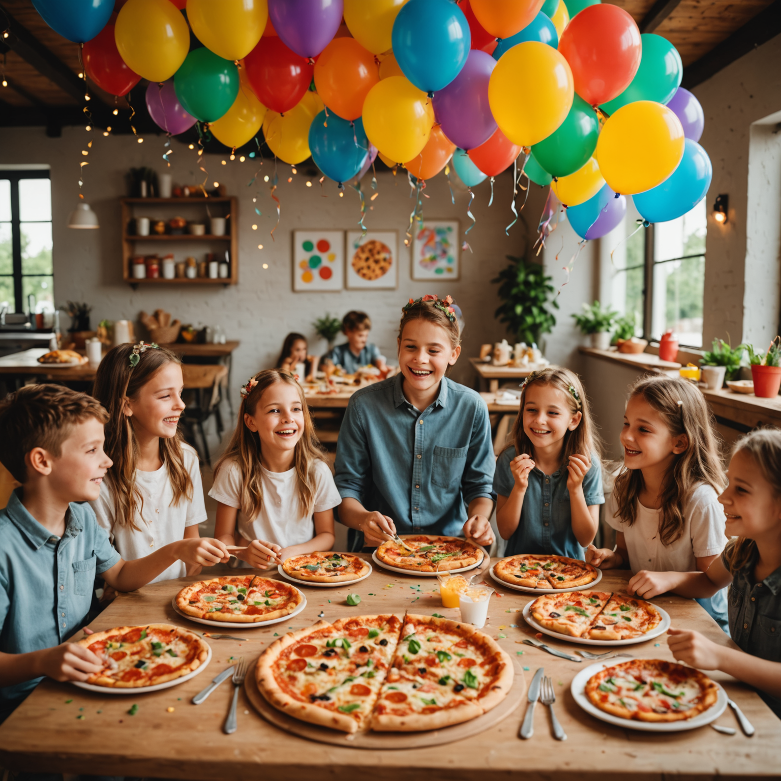 Colorful birthday party setup with pizza boxes, balloons, happy children and adults enjoying various pizza slices, festive decorations and party atmosphere