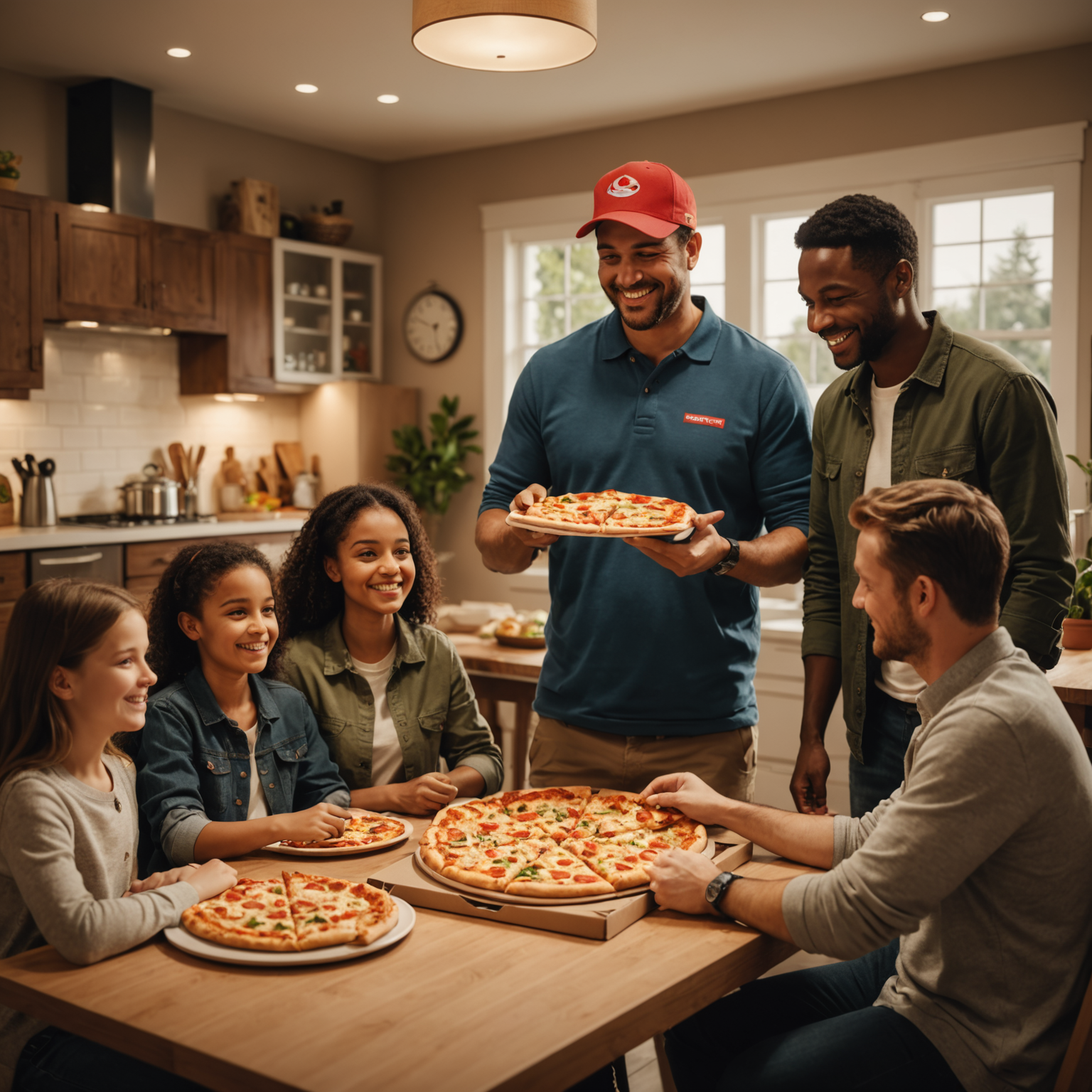 Happy Canadian family of four gathered around dining table receiving pizza delivery, smiling delivery driver handing over multiple pizza boxes, warm home interior with evening lighting
