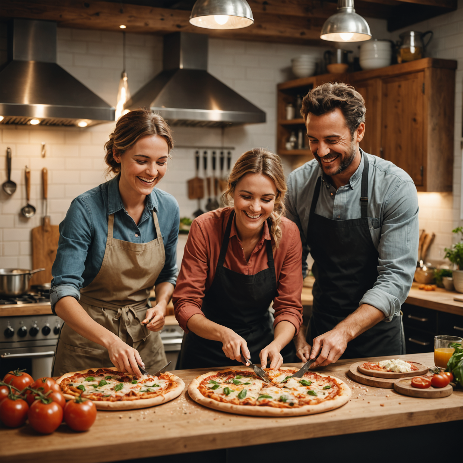 Happy couple working together to create their pizza, laughing and enjoying the hands-on experience while a chef supervises in the background of a cozy, well-equipped kitchen space