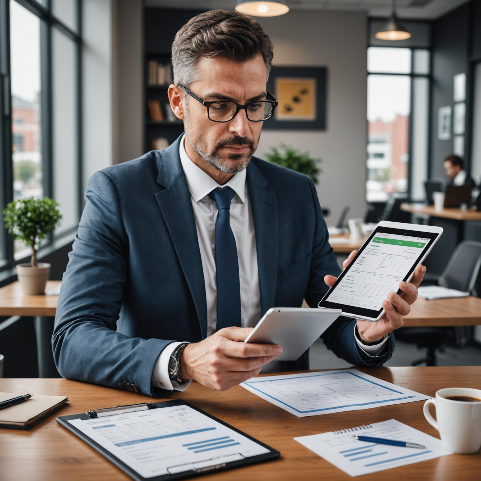 Corporate manager reviewing Salvatore pizza delivery invoice and volume discount pricing on tablet device in modern office setting with calculator and coffee cup on desk