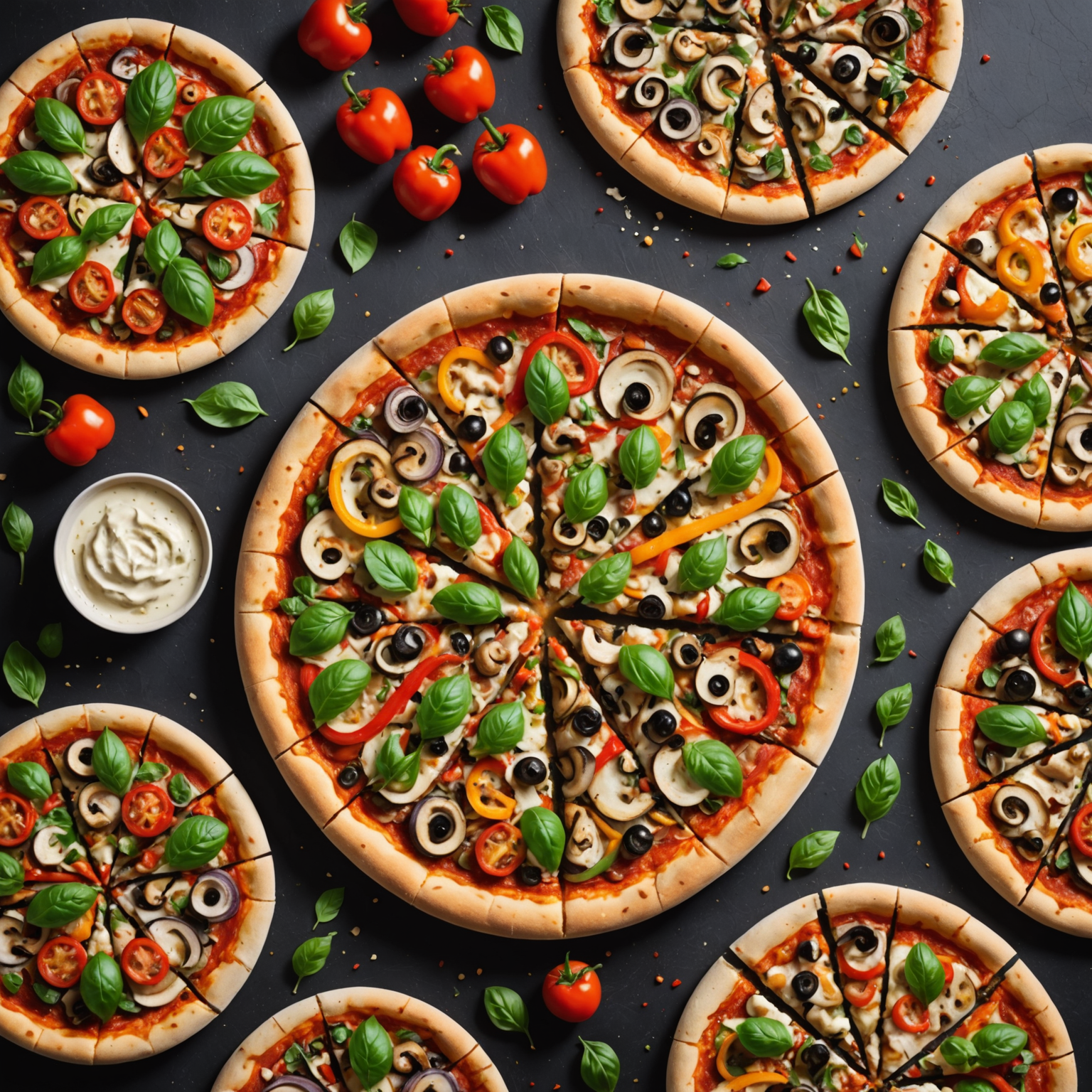 Colorful array of Salvatore's new plant-based and vegan pizzas featuring dairy-free cheese, fresh vegetables, mushrooms, peppers, and innovative Italian-inspired toppings on authentic pizza bases