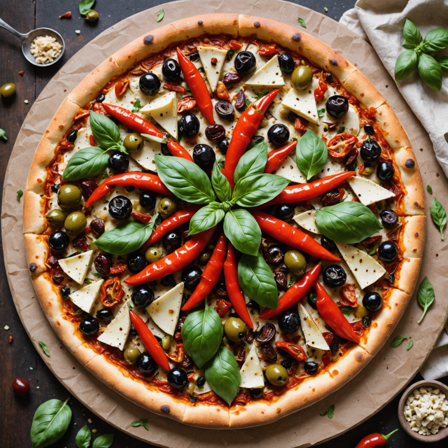Overhead shot of a Mediterranean Garden pizza topped with roasted red peppers, artichokes, olives, sun-dried tomatoes, and fresh basil on dairy-free cheese