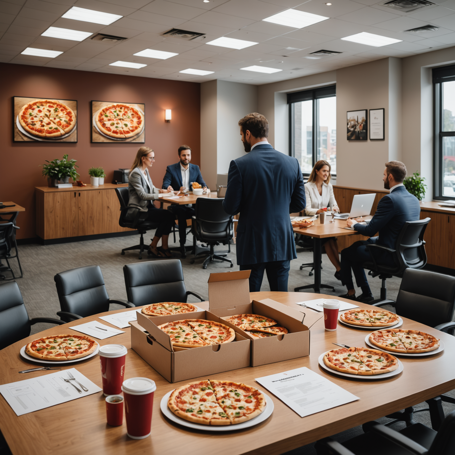 Professional office setting with Salvatore's pizza boxes arranged on conference table, business people enjoying lunch meeting, contactless delivery setup visible at office entrance