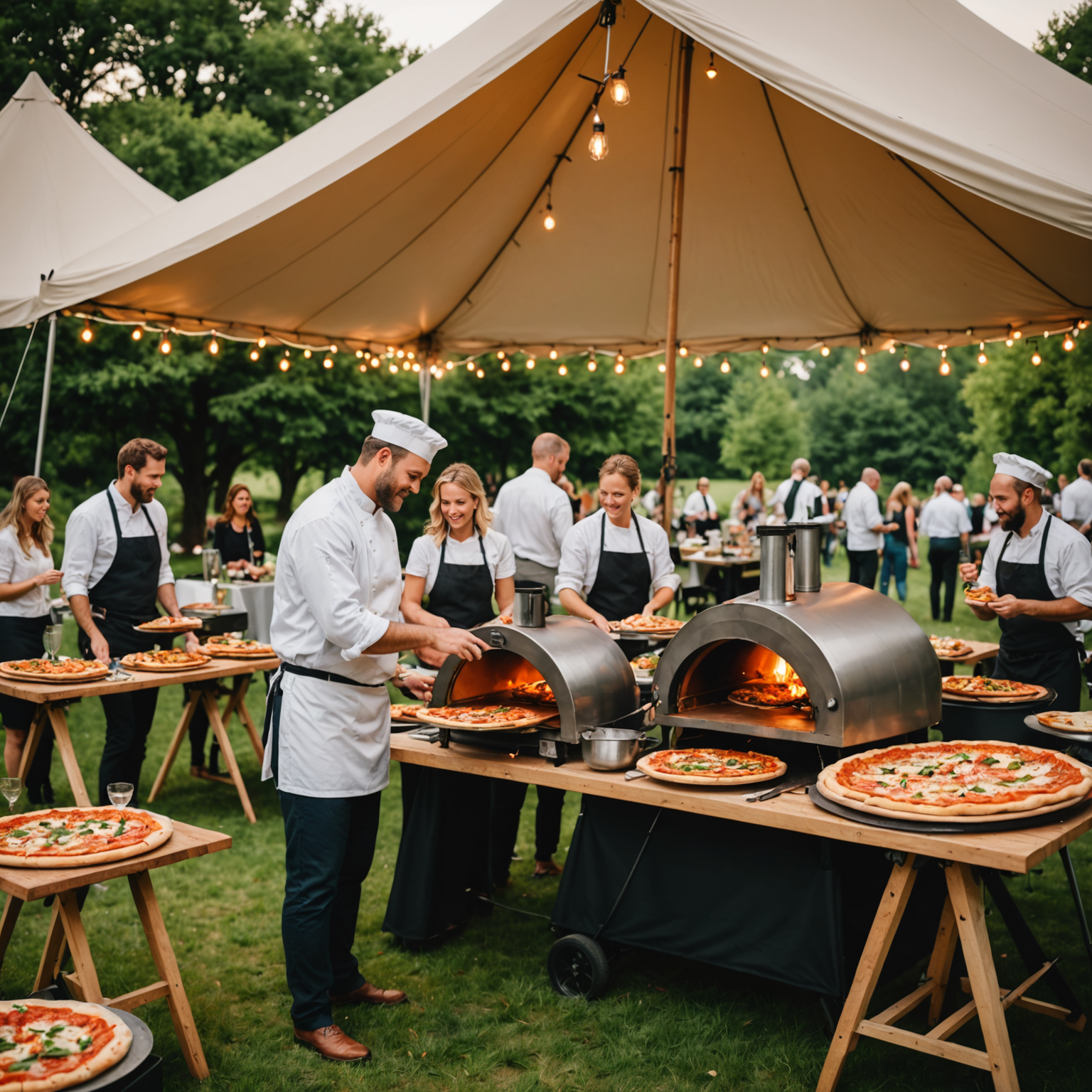 Outdoor catering event with mobile pizza oven, chef preparing fresh pizzas, guests mingling around serving tables under tent canopy, summer evening setting
