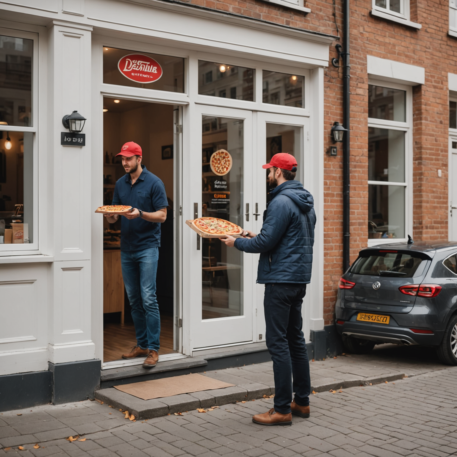 Delivery driver placing pizza order on doorstep, stepping back while customer watches through window, maintaining safe distance during contactless delivery procedure