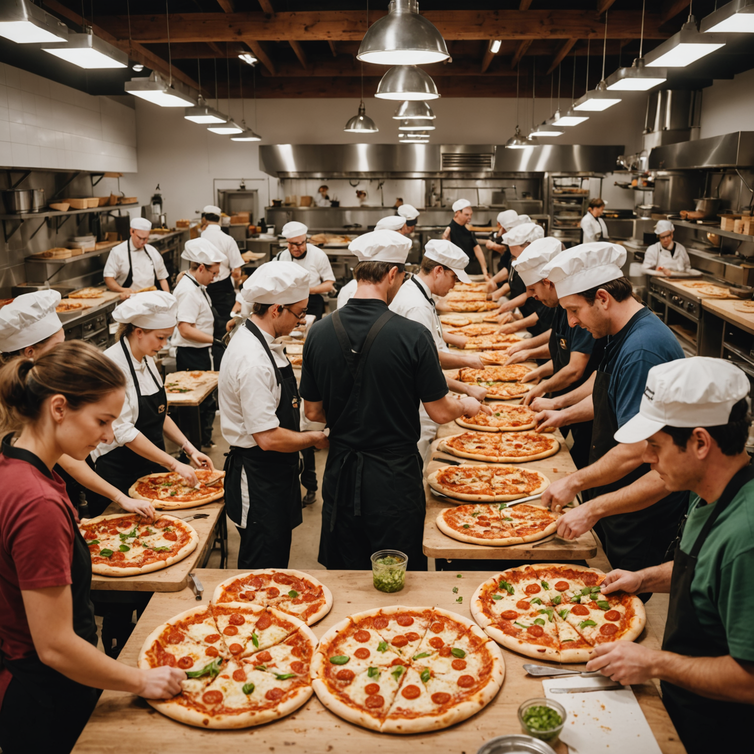 Wide shot of a large group pizza-making workshop with multiple participants working at individual stations, each creating their own pizza while chefs circulate to provide assistance and instruction