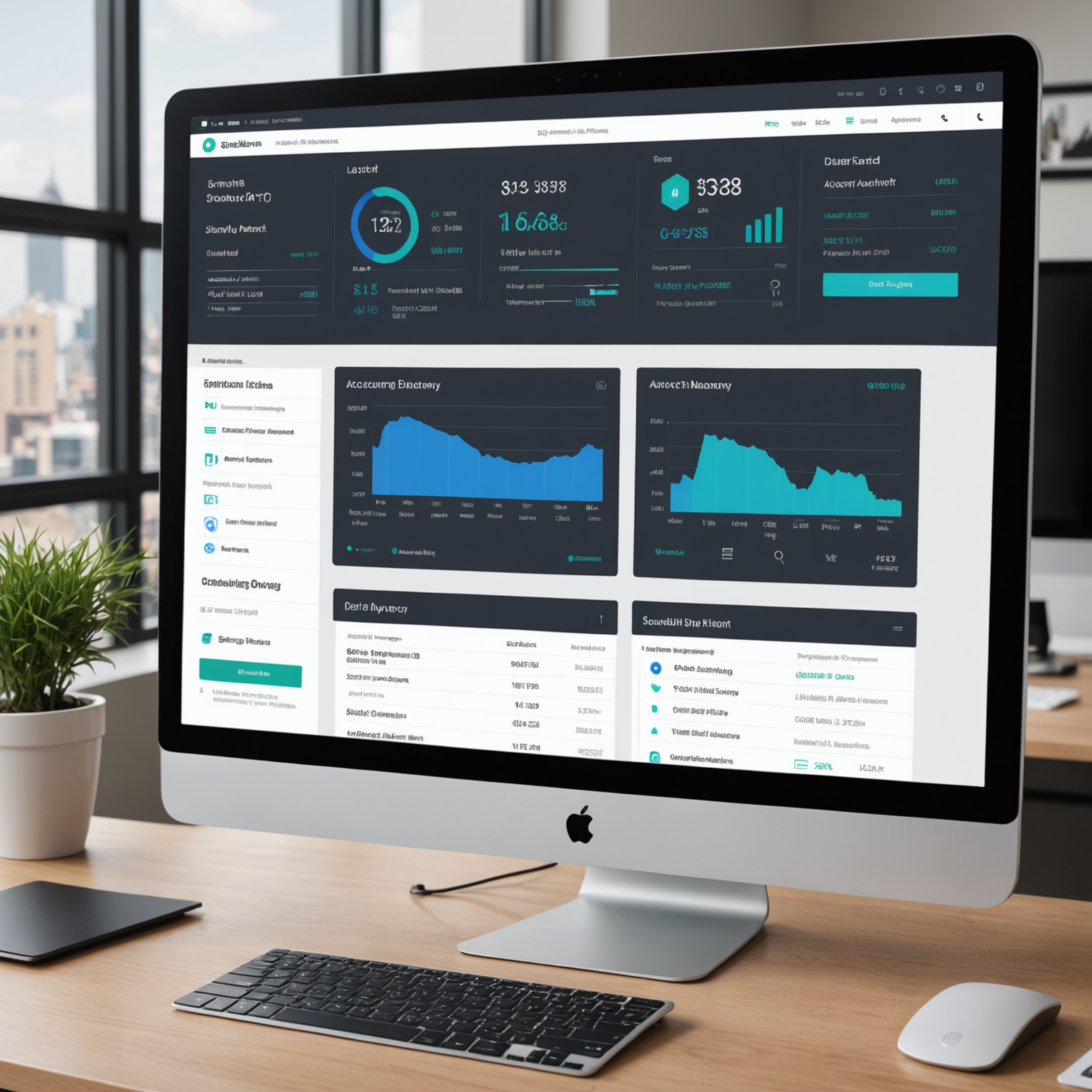 Modern computer screen displaying Salvatore corporate account management dashboard with order history, invoicing details, and payment options in professional office environment