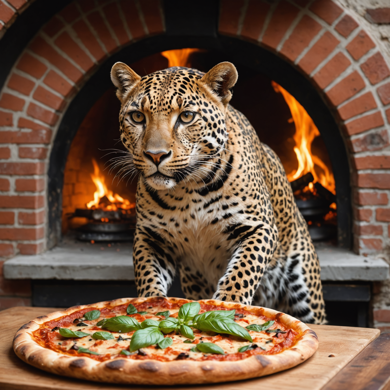 Perfectly cooked Neapolitan pizza with characteristic leopard spotting on the crust, fresh basil leaves, melted cheese, and wood-fired oven visible in background
