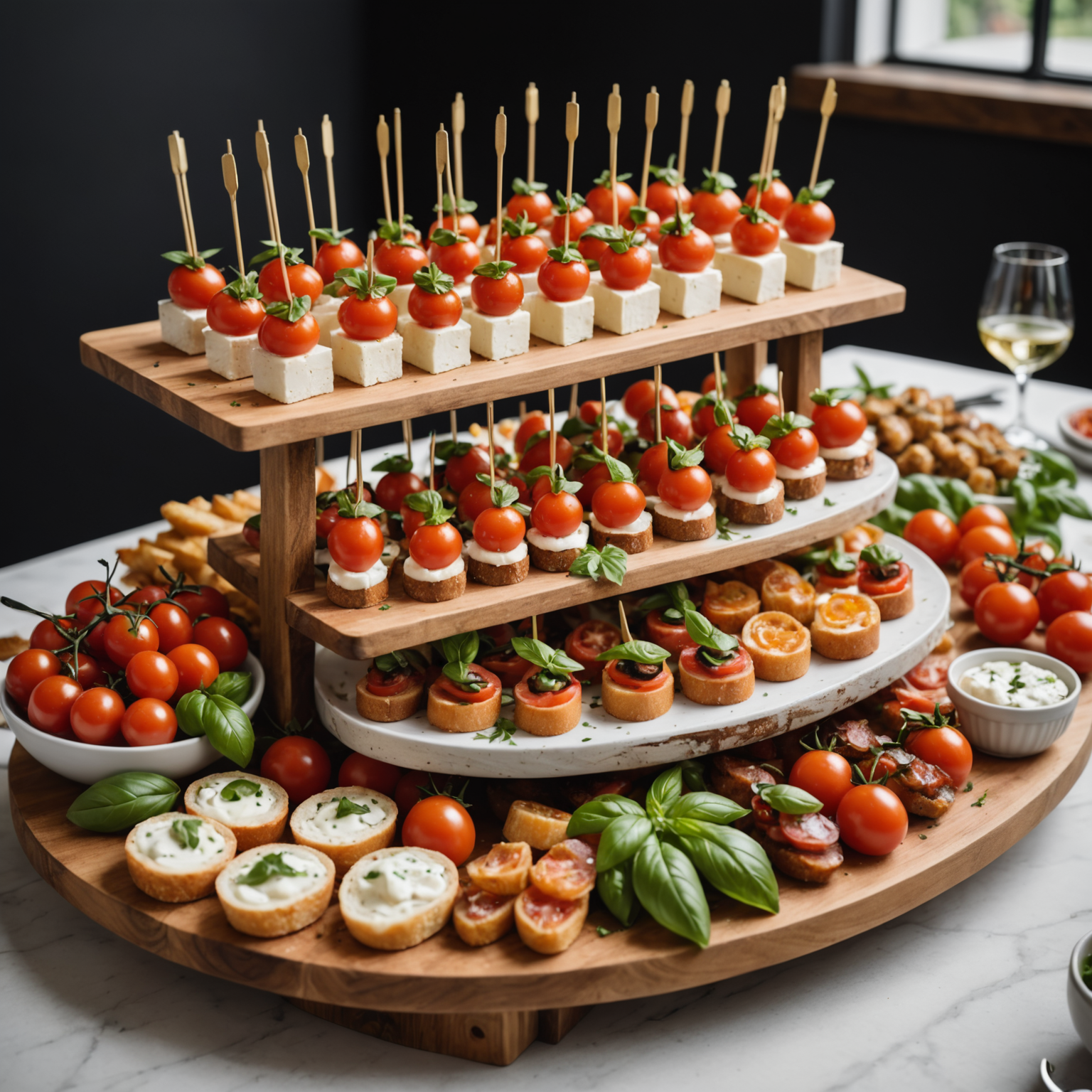 Elegant appetizer display featuring bruschetta, caprese skewers, mozzarella sticks, and antipasto platters arranged on multi-level serving stands with garnishes